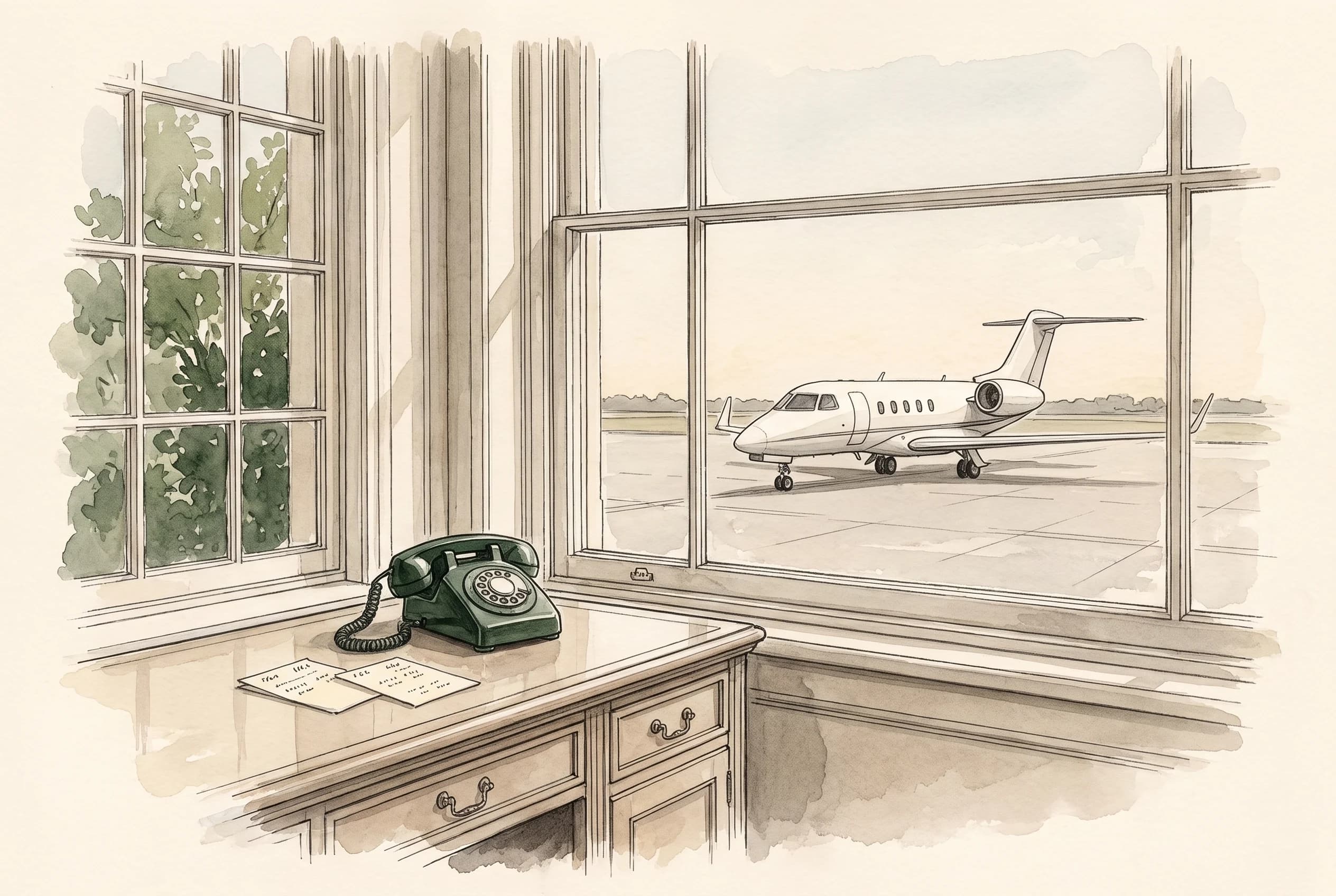 Watercolour sketch of a desk with a telephone and papers, a white jet visible through the window on an empty apron.