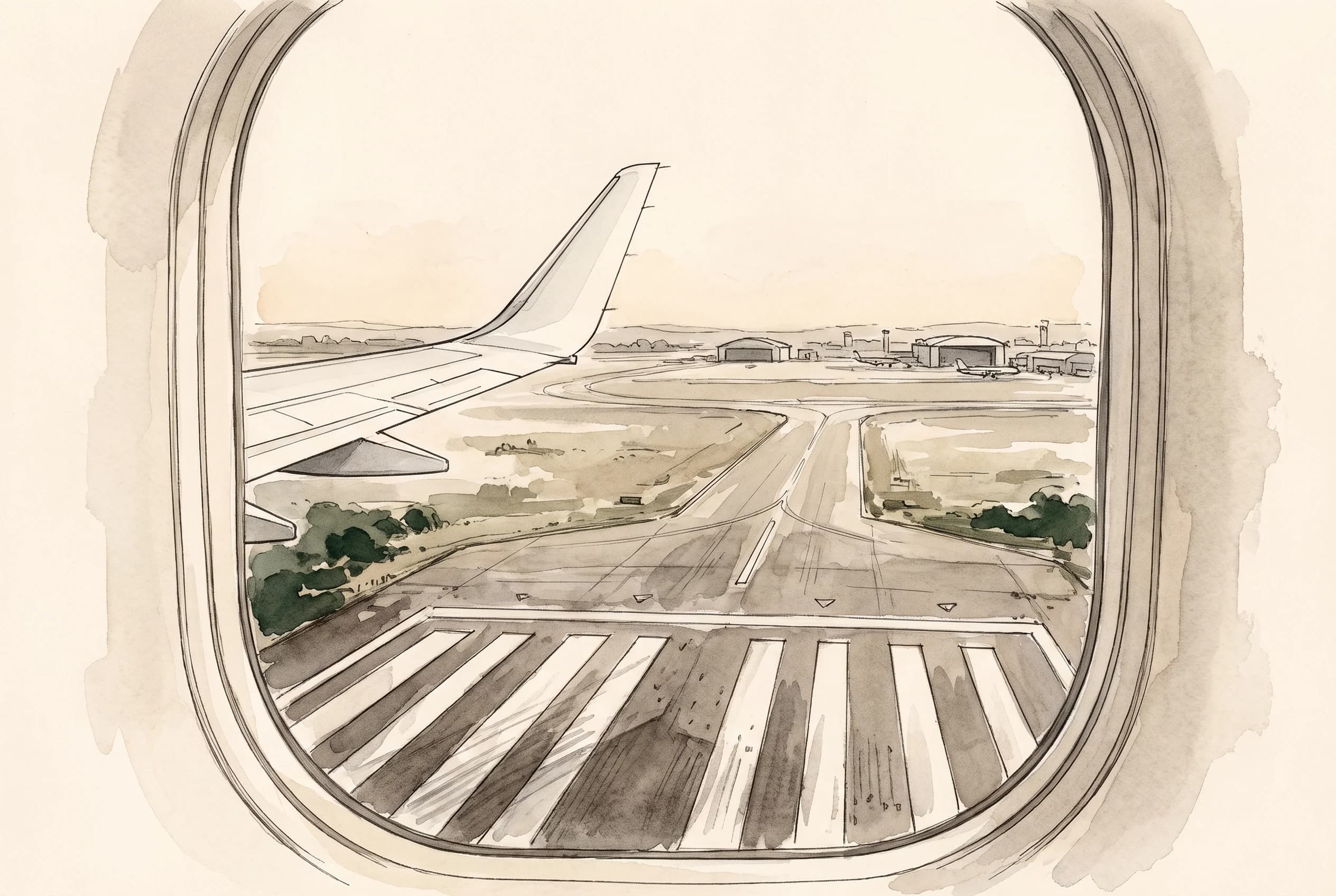 Sketch of an aircraft wingtip over a runway with distant hangars on either horizon.
