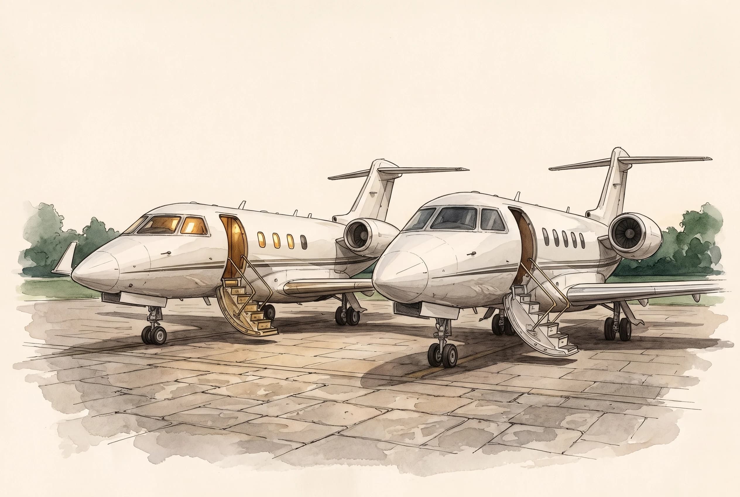 Watercolour of two matching white jets on a dusk apron, one cabin lit and one unlit.
