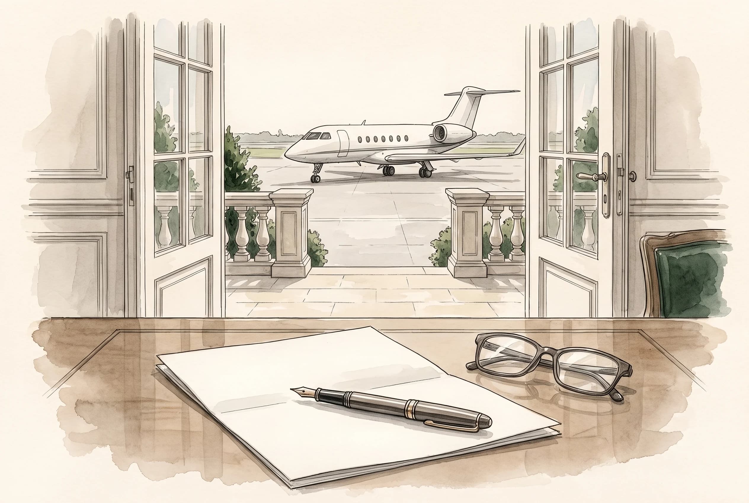 Sketch of a pen and glasses on a desk with a jet visible through open terrace doors.