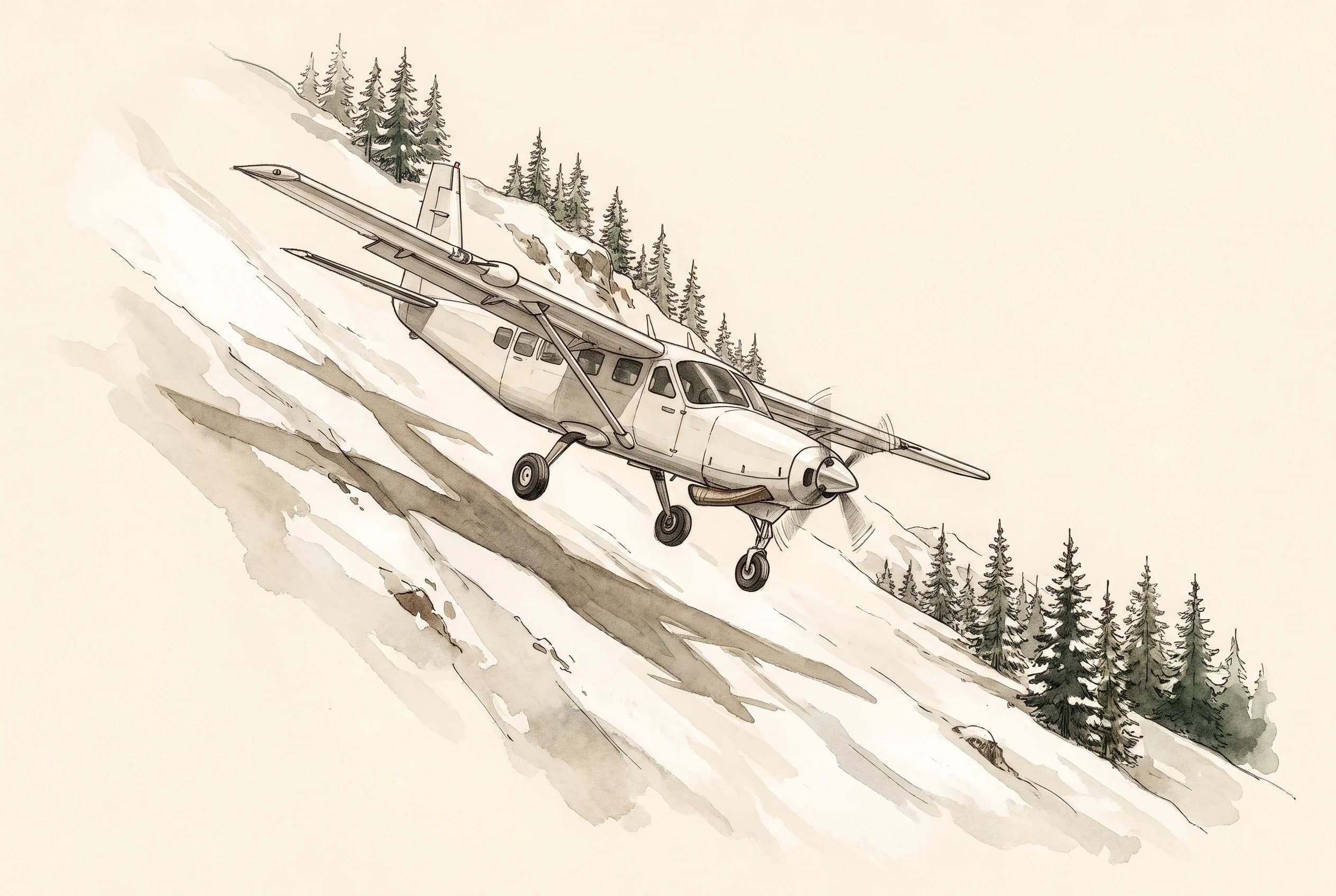 Watercolour sketch of a white turboprop aircraft banking over a steep snowy Alpine slope.