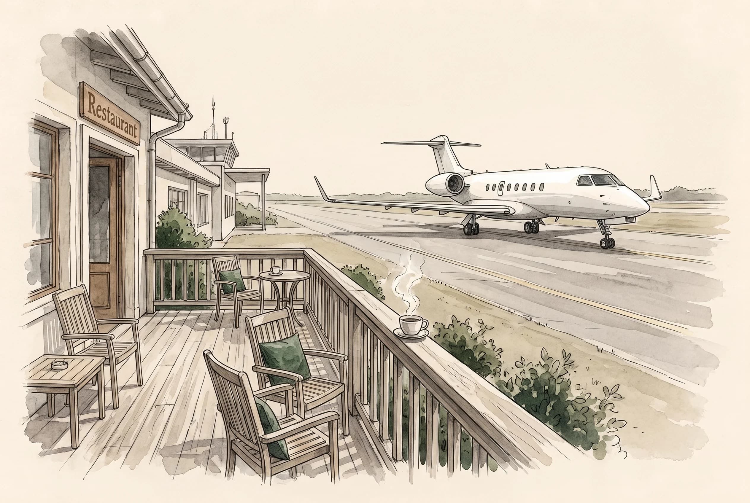 Ink and watercolour sketch of a terrace with chairs overlooking a sloped Alpine airstrip, a cup of tea on the railing.