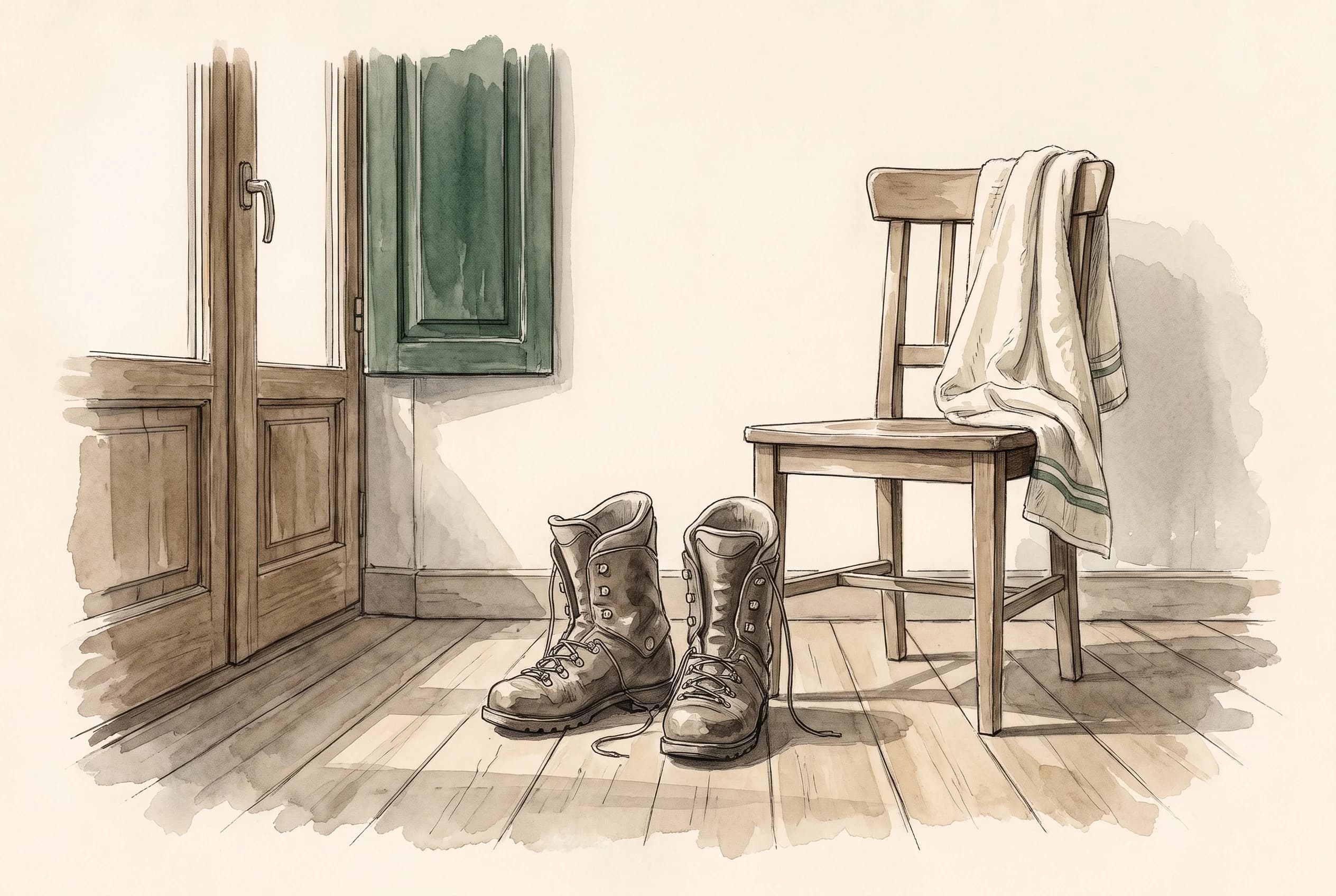 Watercolour sketch of empty ski boots and a draped towel in a sunlit room with a half closed shutter.