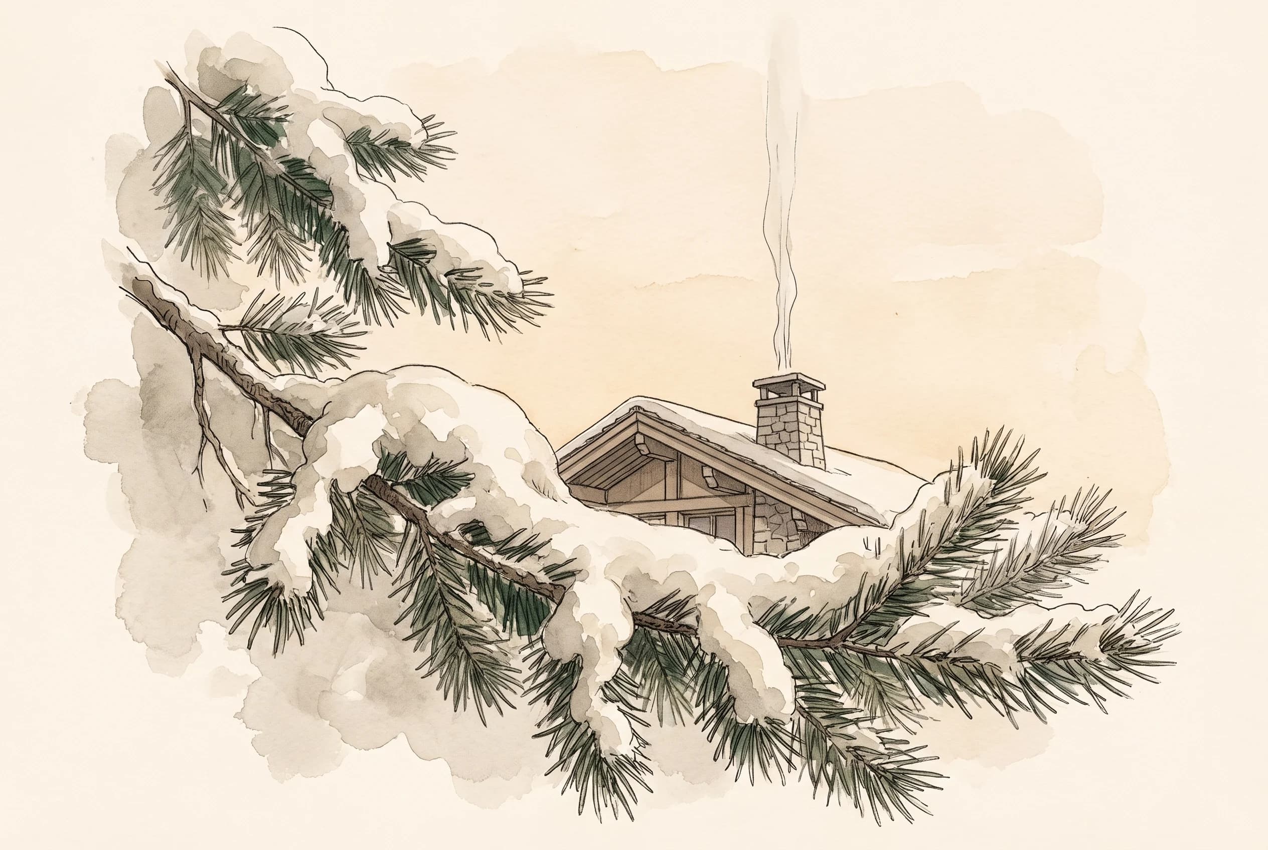 Ink and watercolour sketch of a snow covered pine branch framing a chalet roof with rising smoke at dusk.