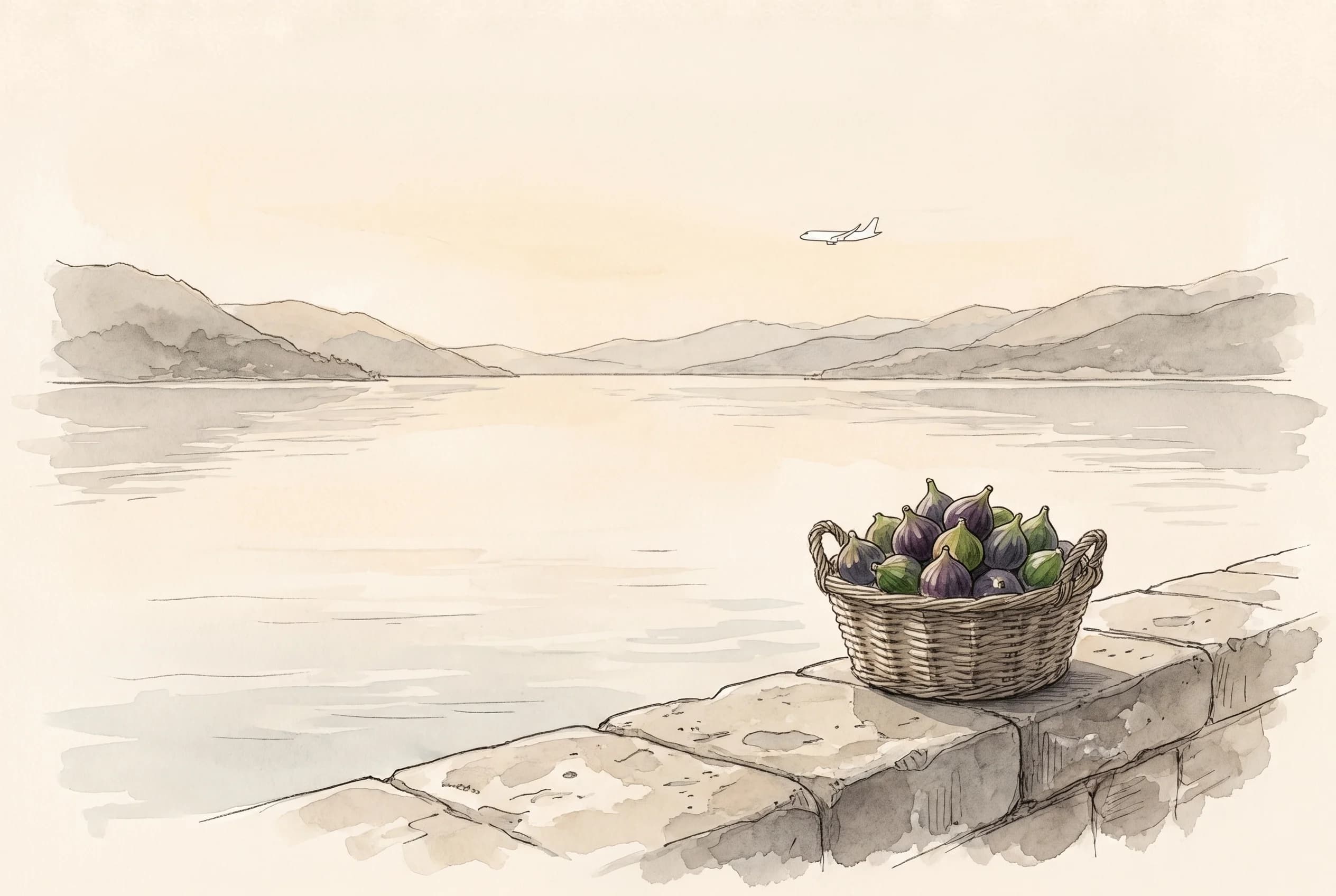 Watercolour of an empty harbour at dawn with a basket of figs on a stone wall and a distant white aircraft.