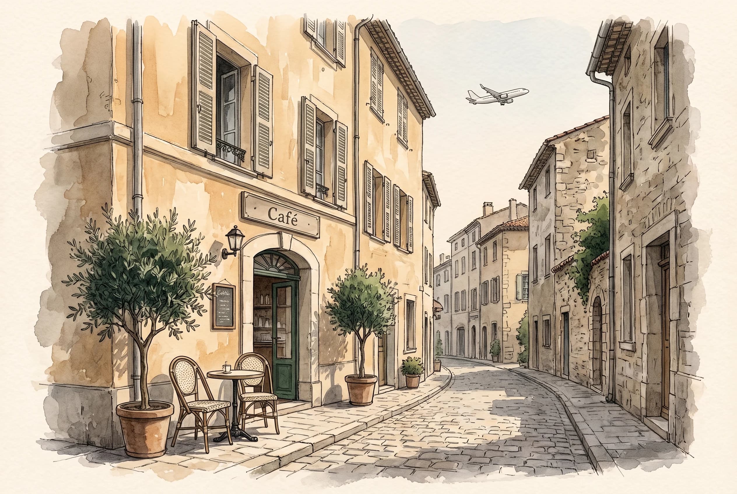 Ink and watercolour sketch of a quiet Provençal street with open shutters and an empty café terrace.