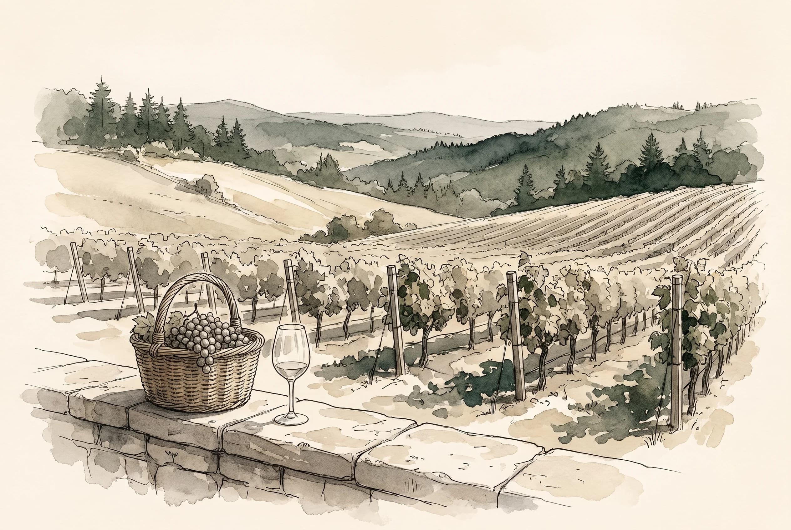Watercolour sketch of vineyard rows with a harvest basket and wine glass on a stone wall.