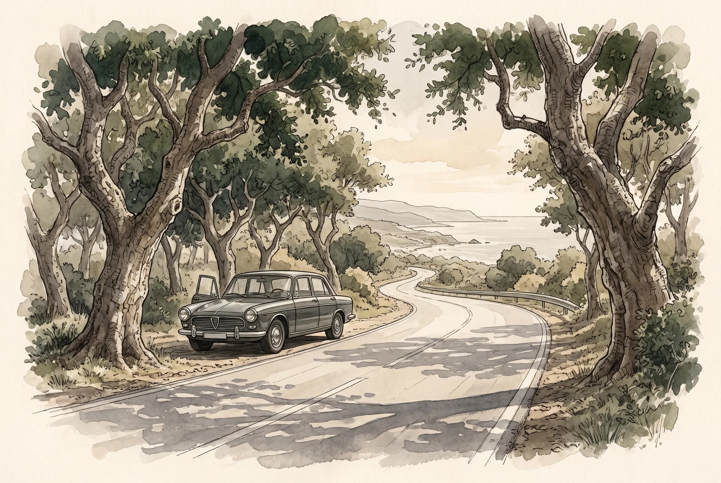 Ink and watercolour sketch of a tree lined road with a car waiting in dappled light.