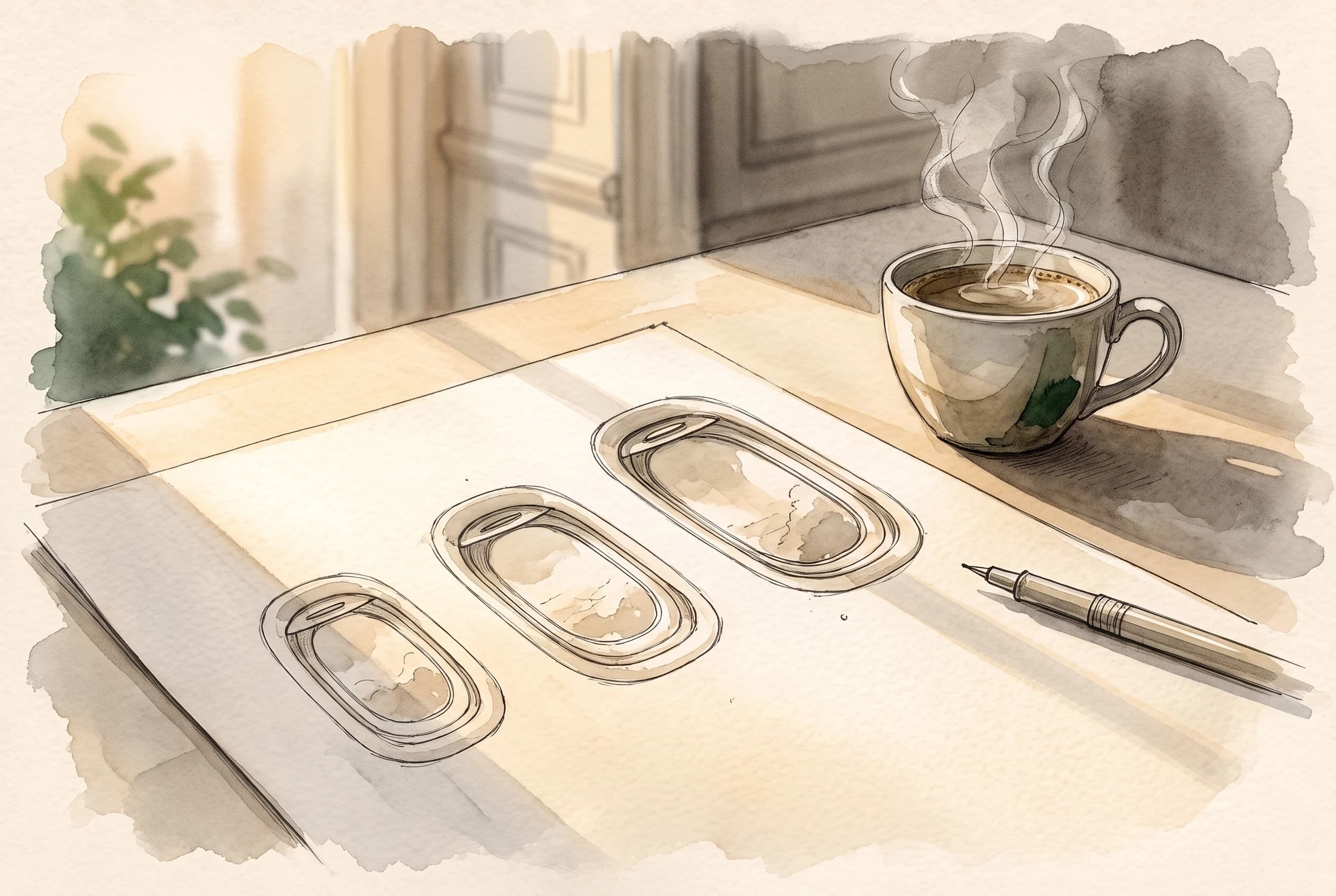 Watercolour sketch of three cabin windows drawn in increasing size on a desk at dawn, with a cup of coffee beside the paper.