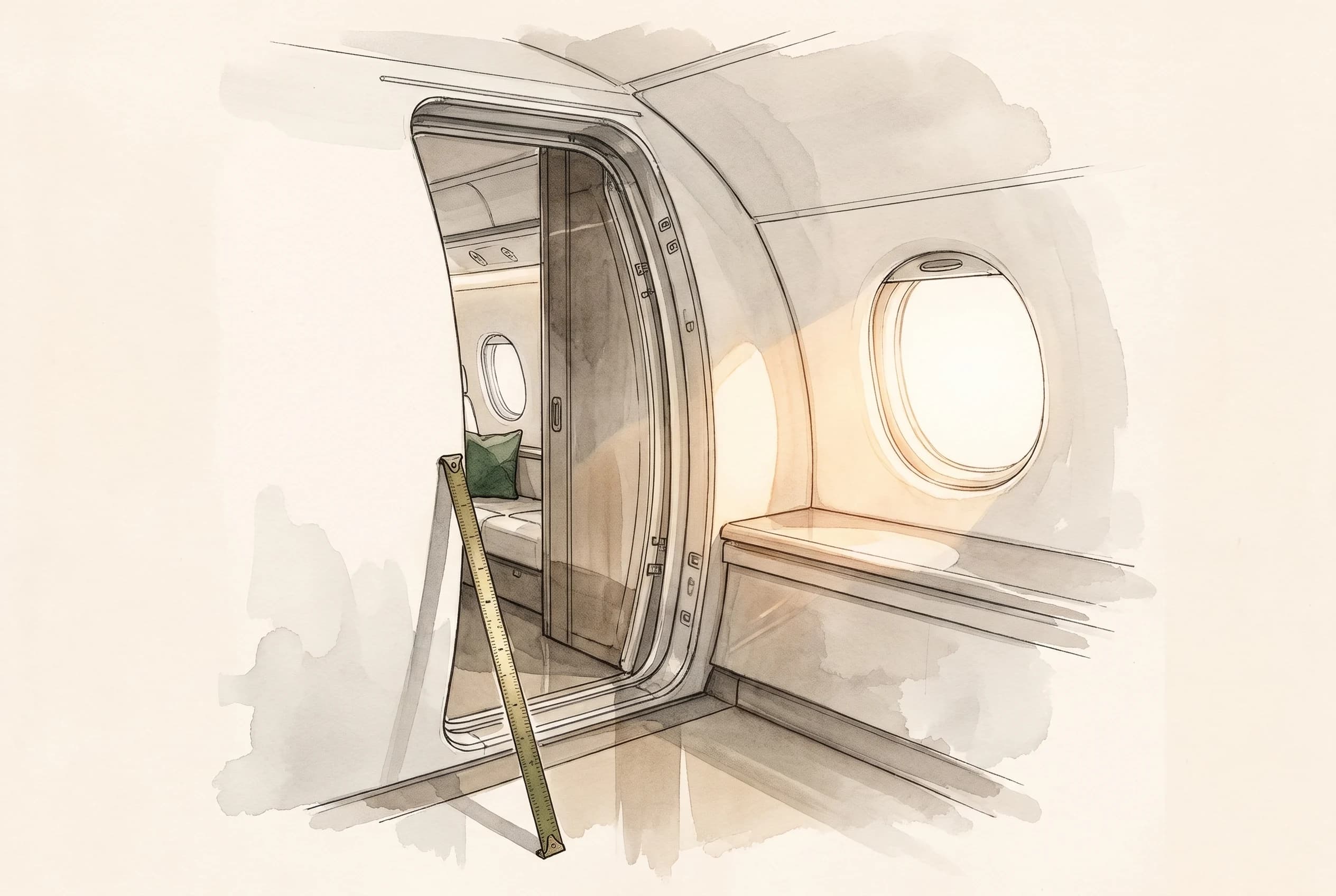 Watercolour sketch of an aircraft cabin doorway with a brass measuring tape leaning against the frame, lit by a round window.