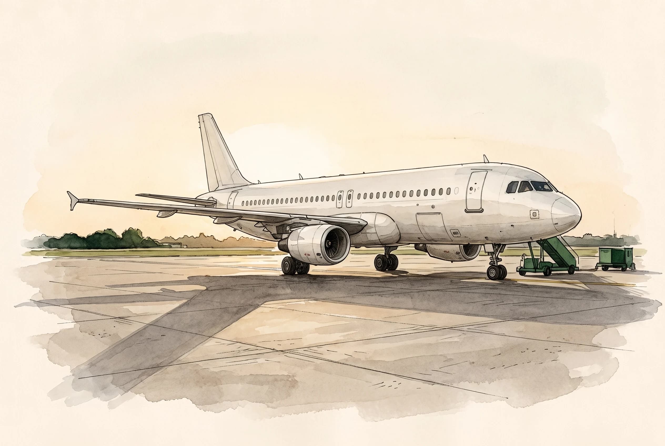 Watercolour sketch of a white unmarked jet standing alone on an apron at dawn, casting a long shadow.