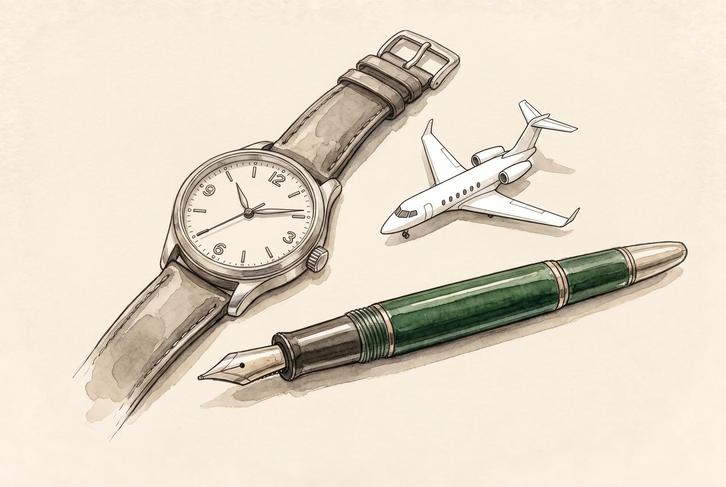 Watercolour sketch of a wristwatch and fountain pen next to a small silhouette drawing of a white jet.