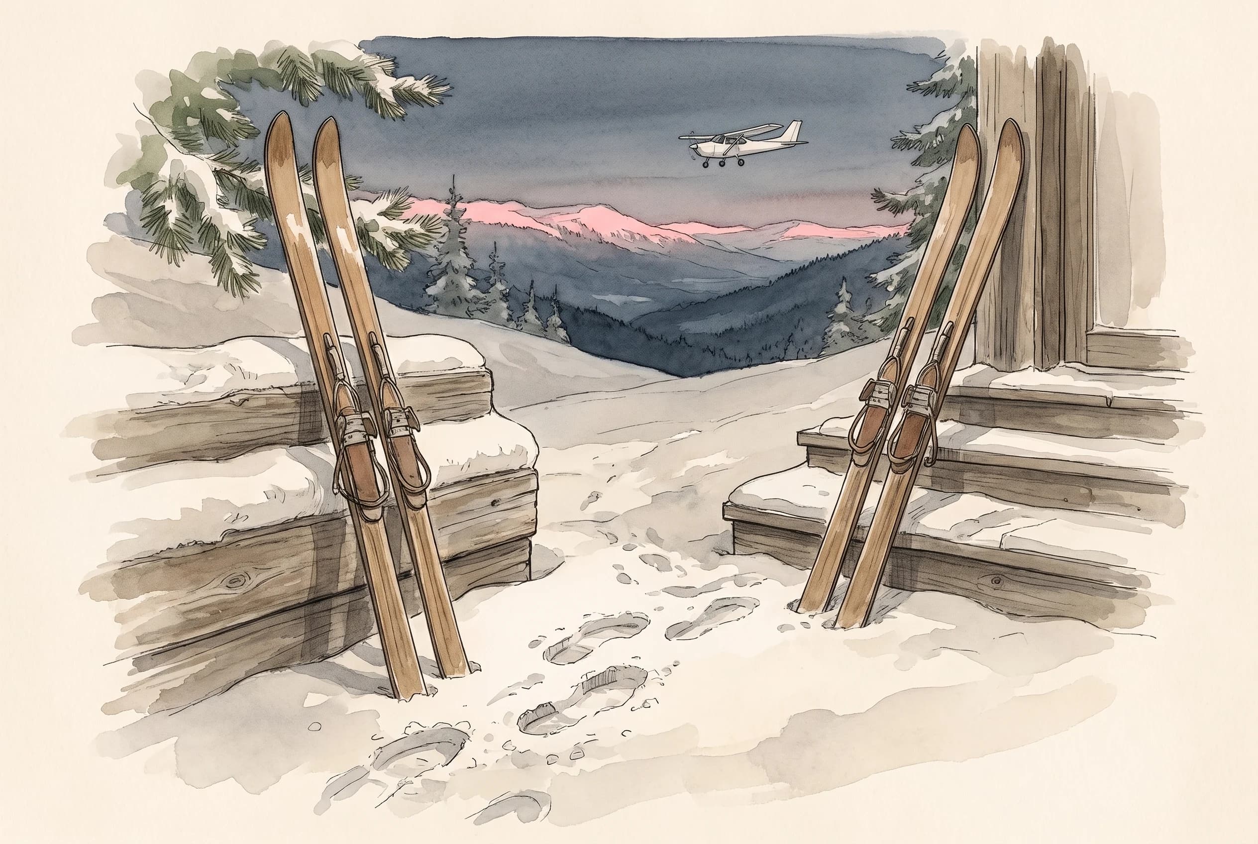 Watercolour sketch of skis against a snowy step at twilight with a mountain ridge glowing pink above.