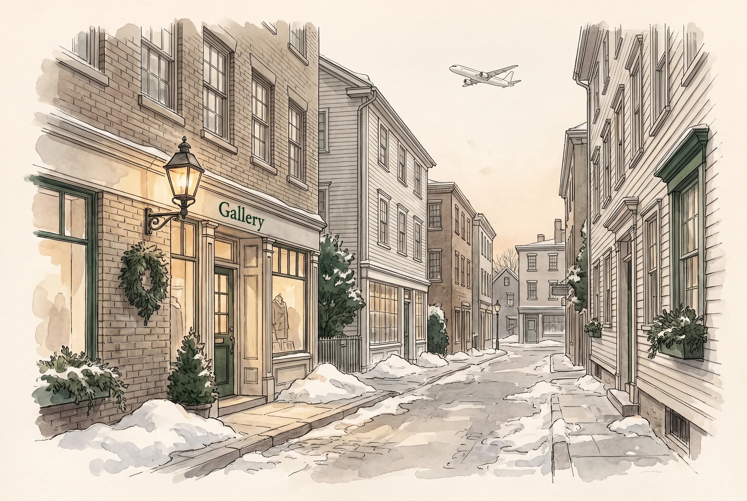 Ink and watercolour sketch of a snowy downtown street with brick buildings and a lit lantern over a shop door.