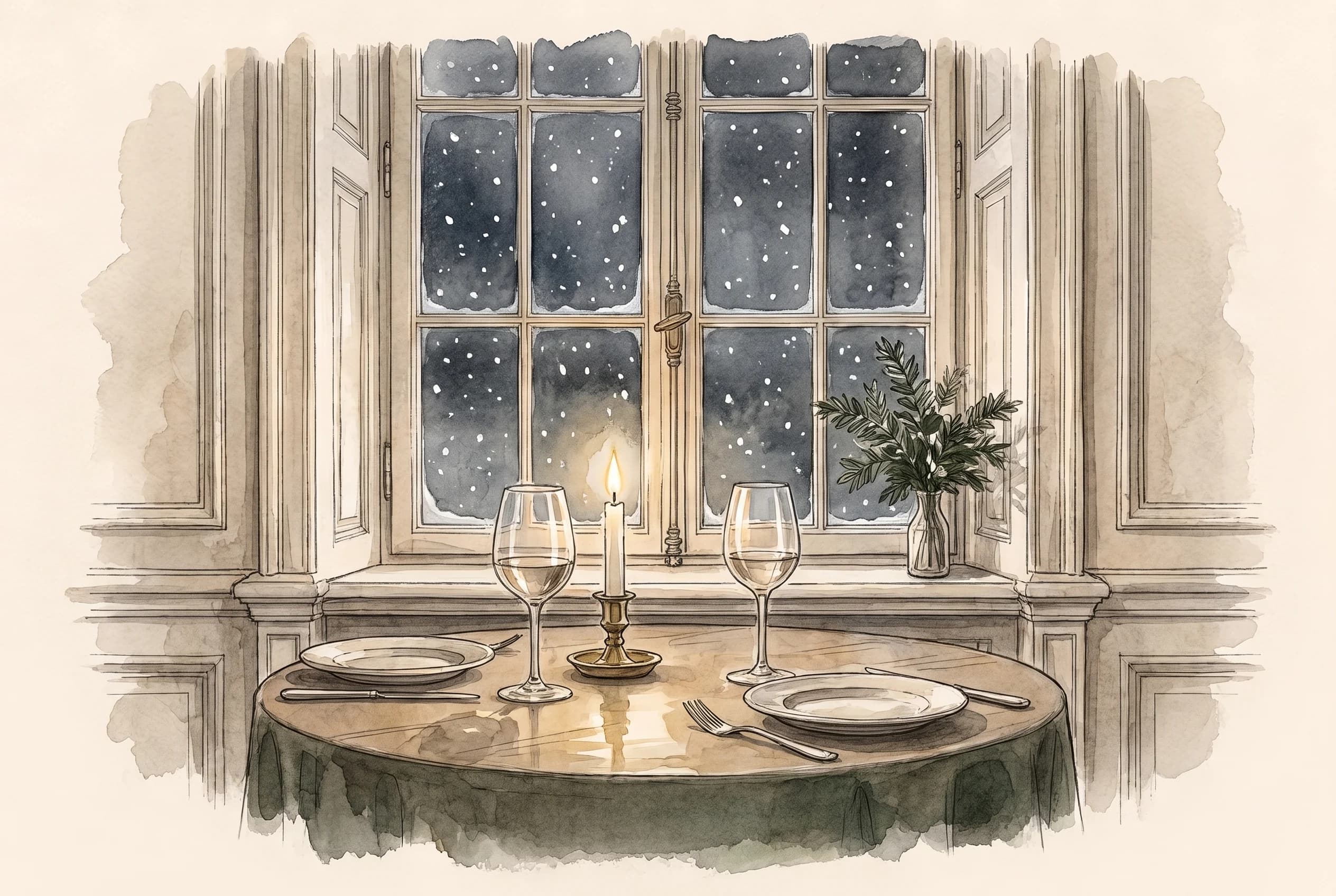 Watercolour sketch of a candlelit dinner table beside a snow covered window at night.
