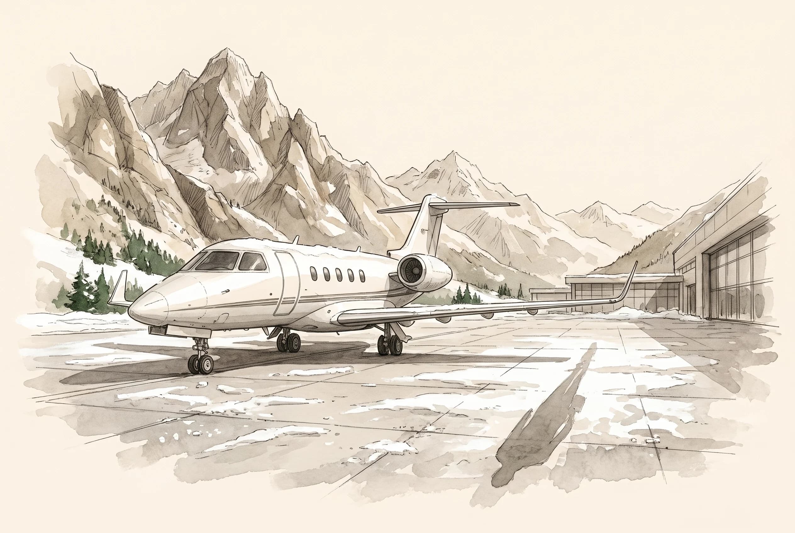 Watercolour sketch of a white private jet on a snowy mountain airport apron beneath steep peaks.