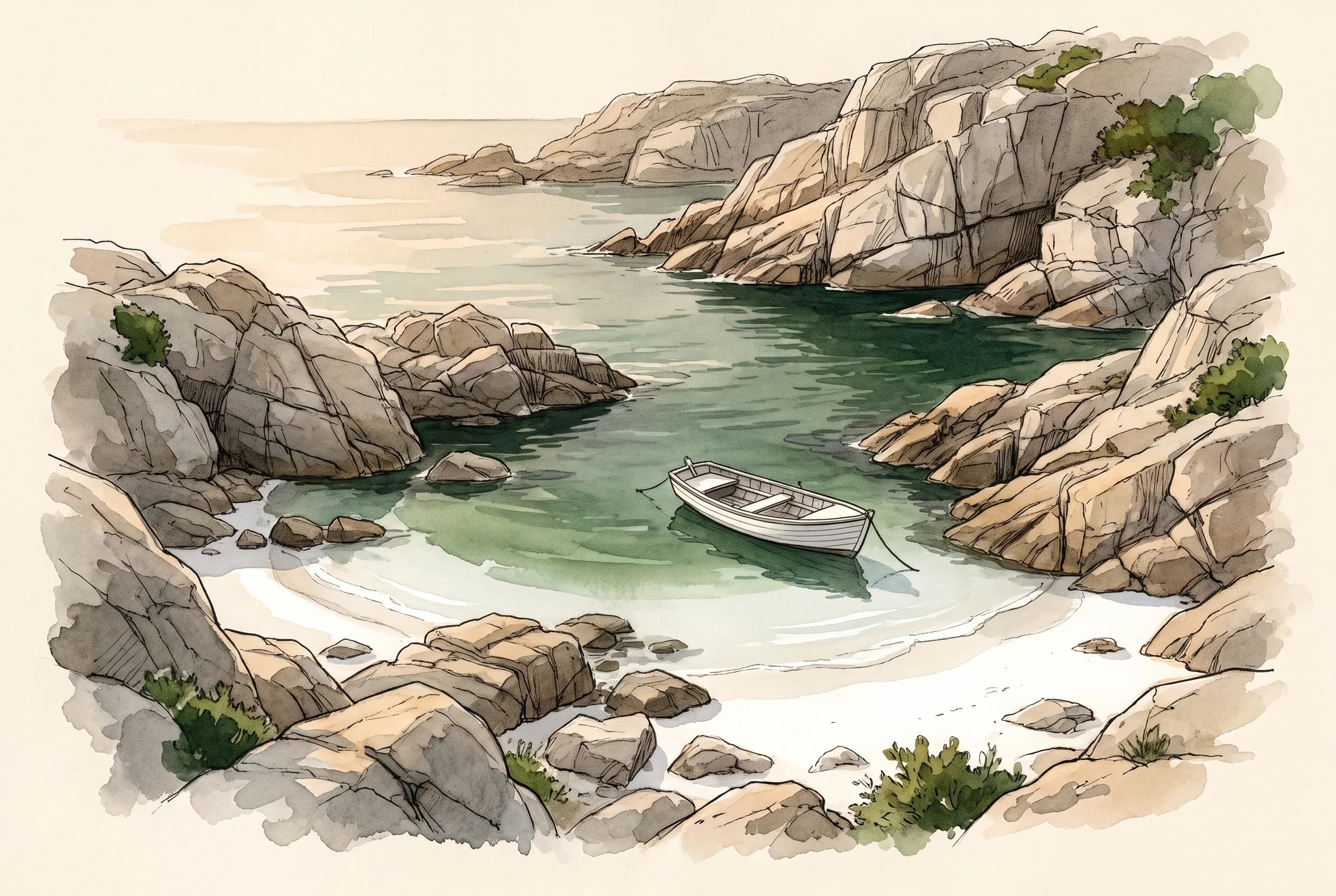Watercolour sketch of a granite inlet with white sand and a single white boat anchored in green water.