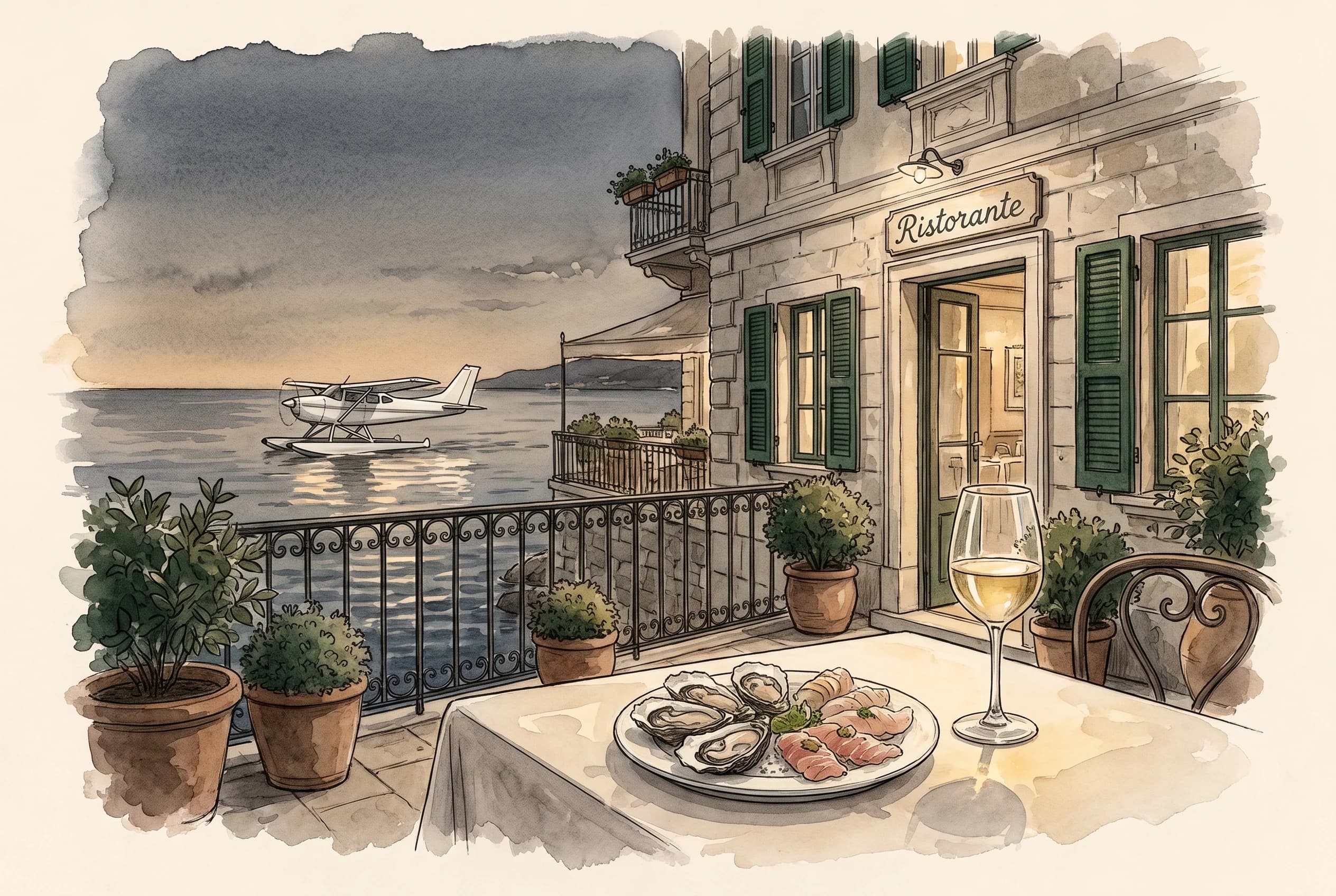 Watercolour sketch of a plate of raw seafood on a seaside terrace table at dusk with the word Ristorante faintly lettered nearby.