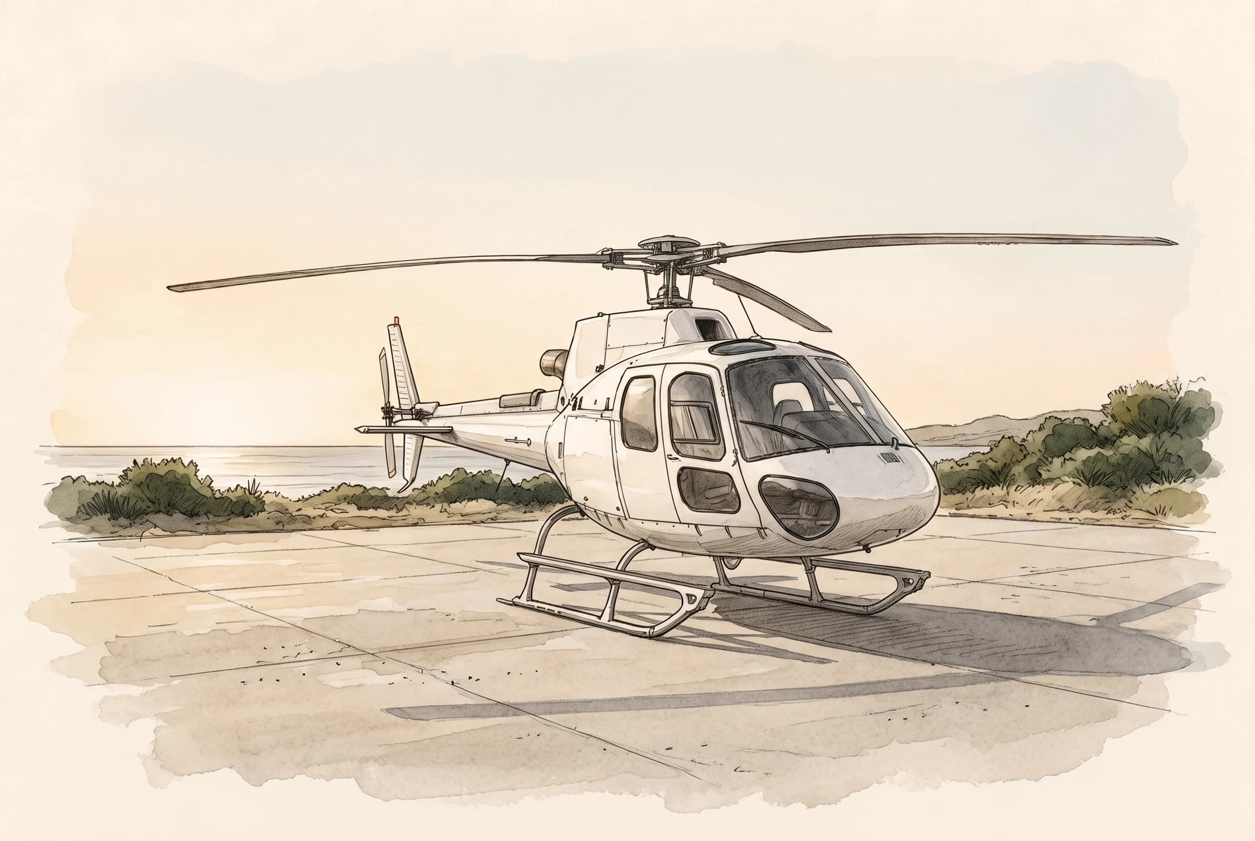 Watercolour sketch of a white unmarked helicopter on an empty apron with the coastline visible in the distance.