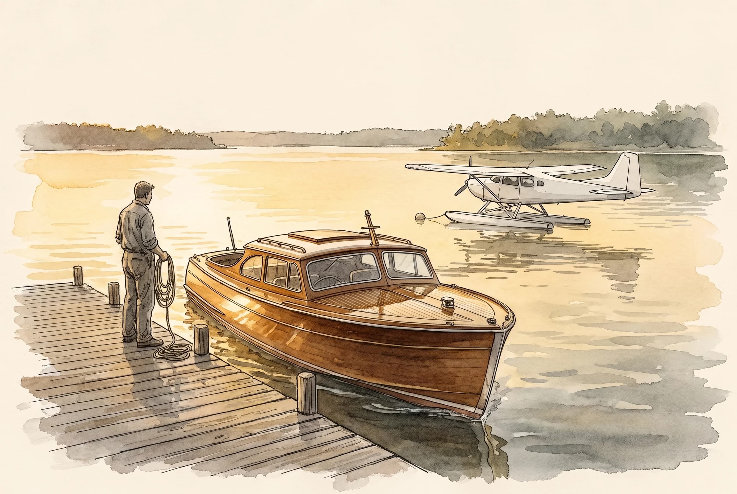 Watercolour sketch of a wooden motorboat leaving a private jetty on Lake Como at sunset.