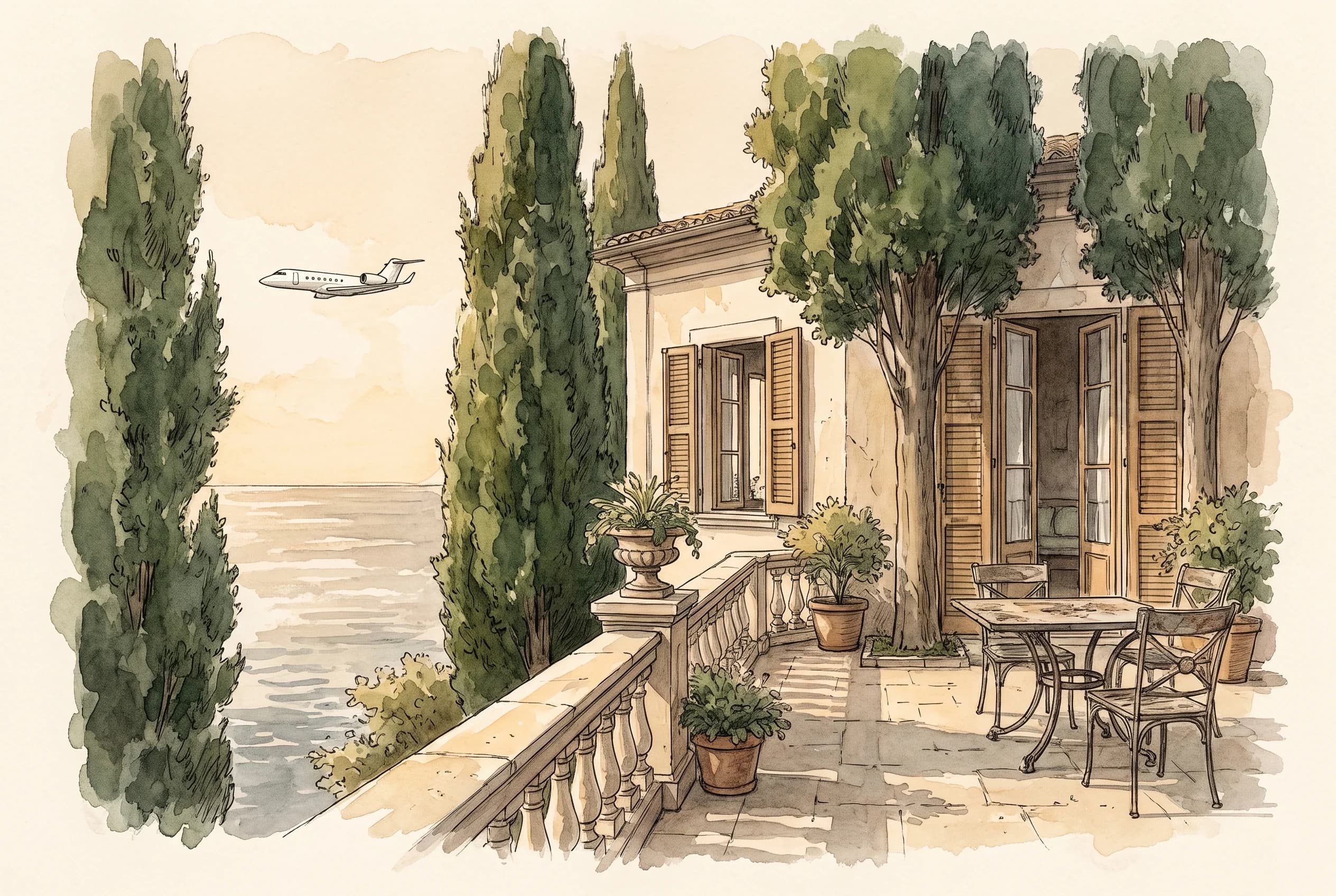 Watercolour sketch of a lakeside villa terrace framed by cypress trees on Lake Como.