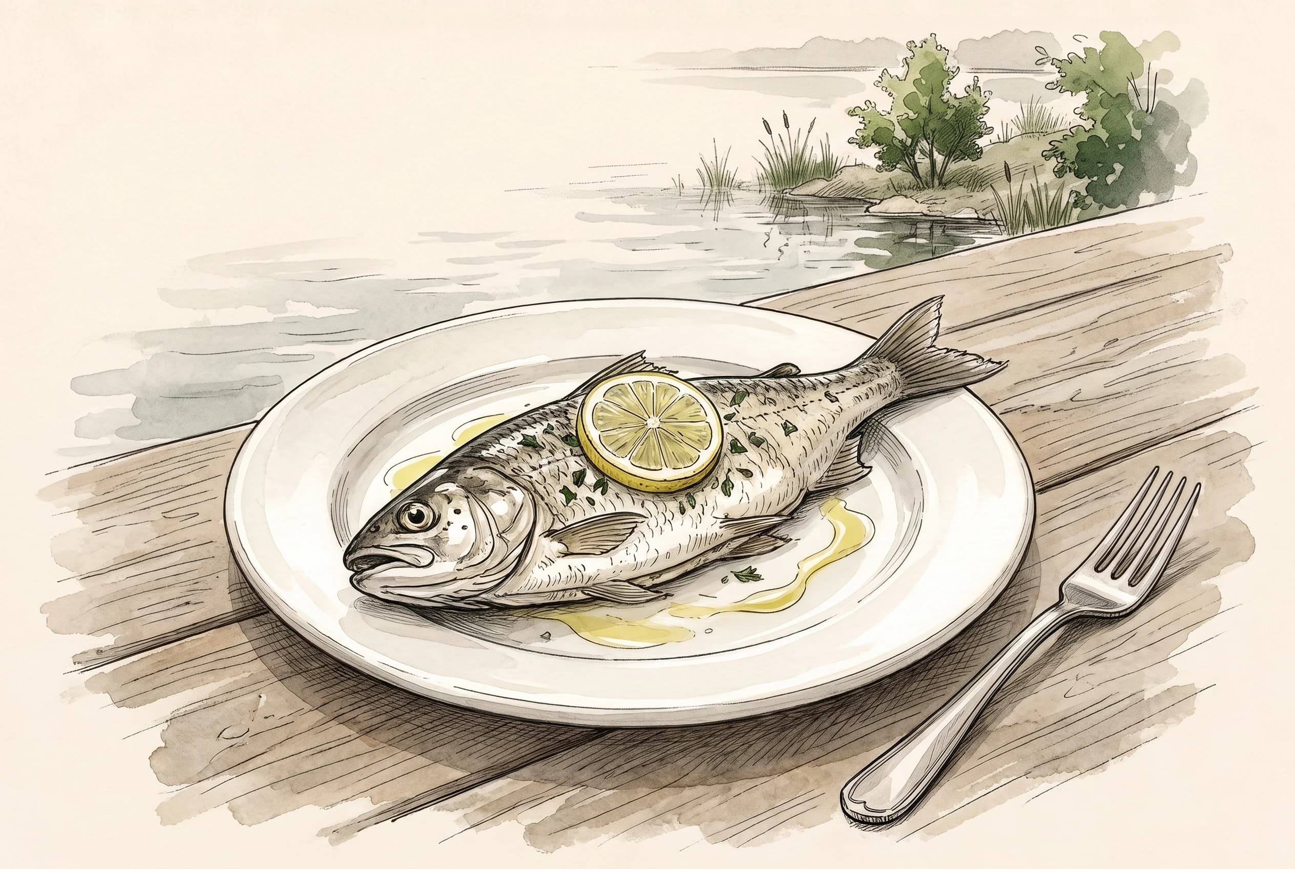 Watercolour sketch of a grilled lake whitefish dish on a table beside Lake Como.