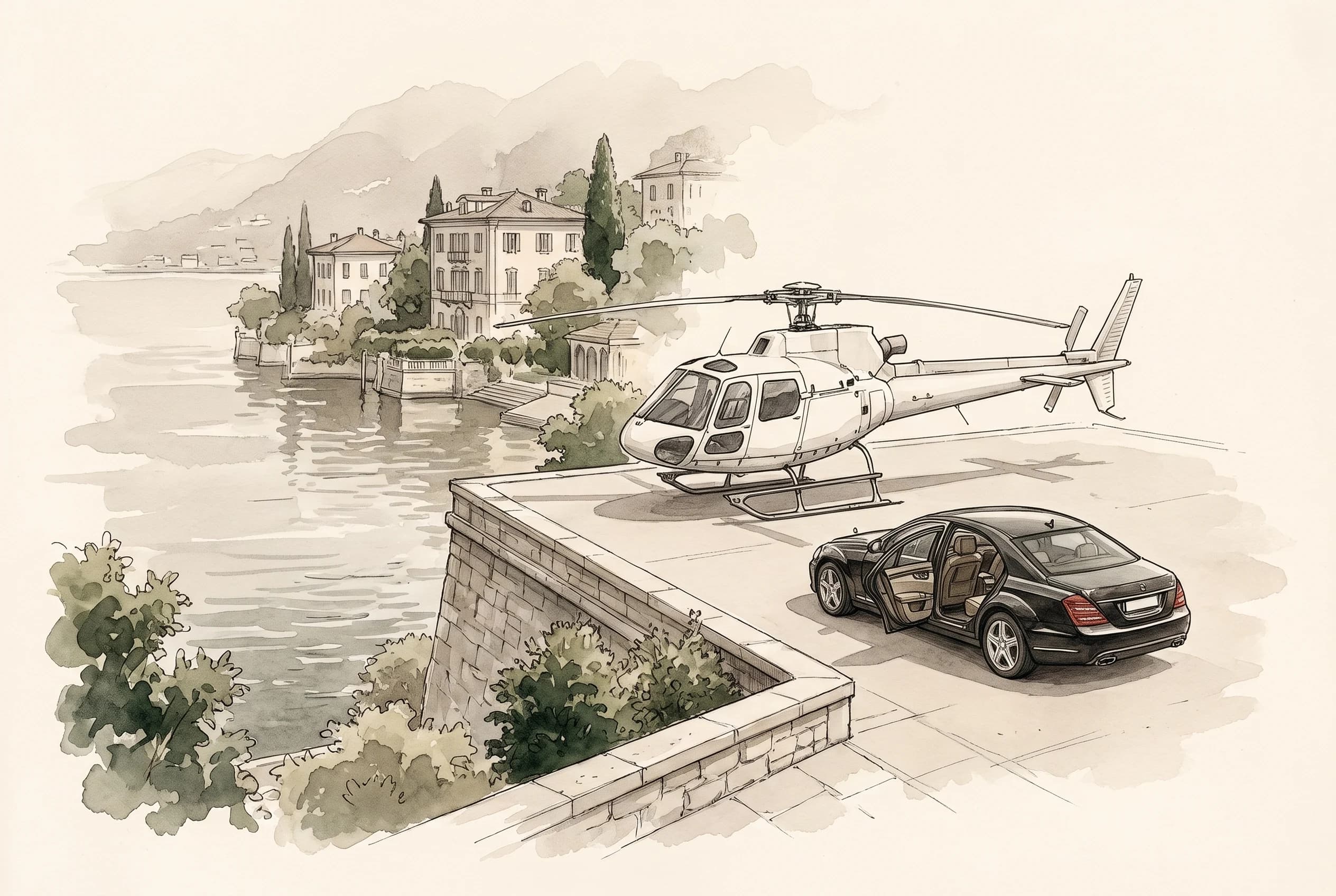 Watercolour sketch of a white helicopter on an apron overlooking Lake Como with a car waiting.