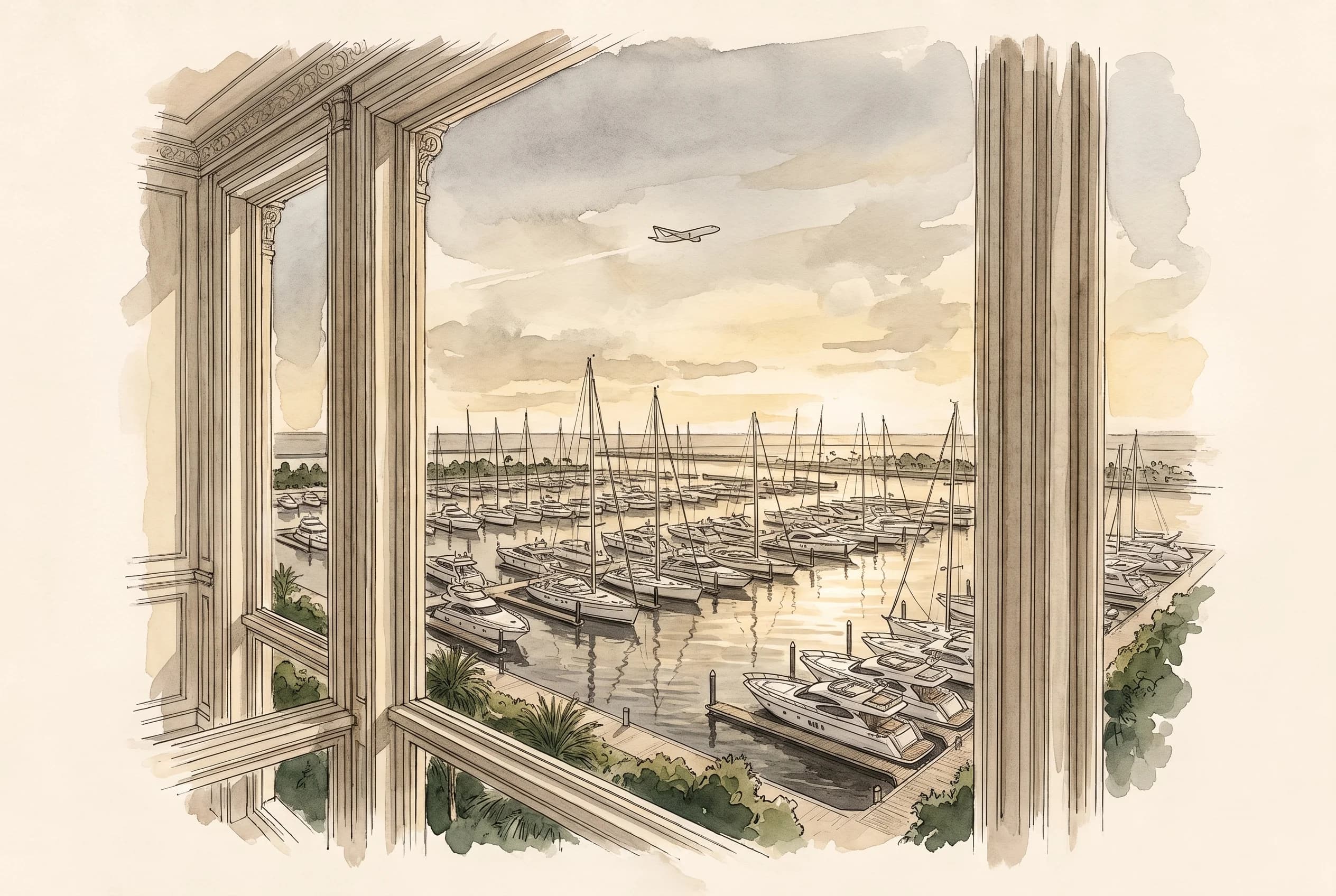 Watercolour sketch of a marina at dusk seen from a high window, boats in a grid, a white aircraft crossing the sky above.
