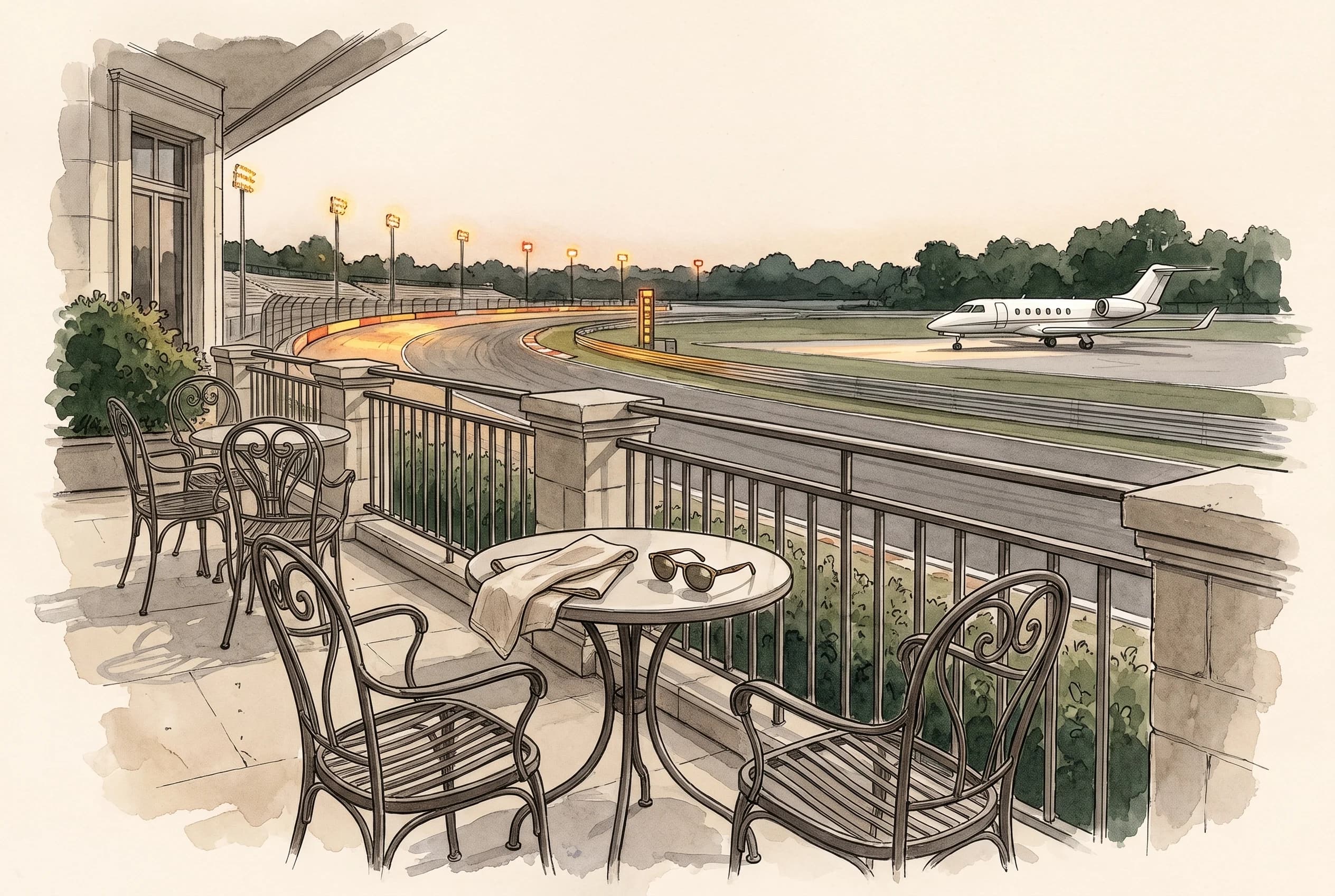 Watercolour sketch of an empty trackside terrace at dusk with sunglasses and a napkin on the table, circuit lights glowing beyond.