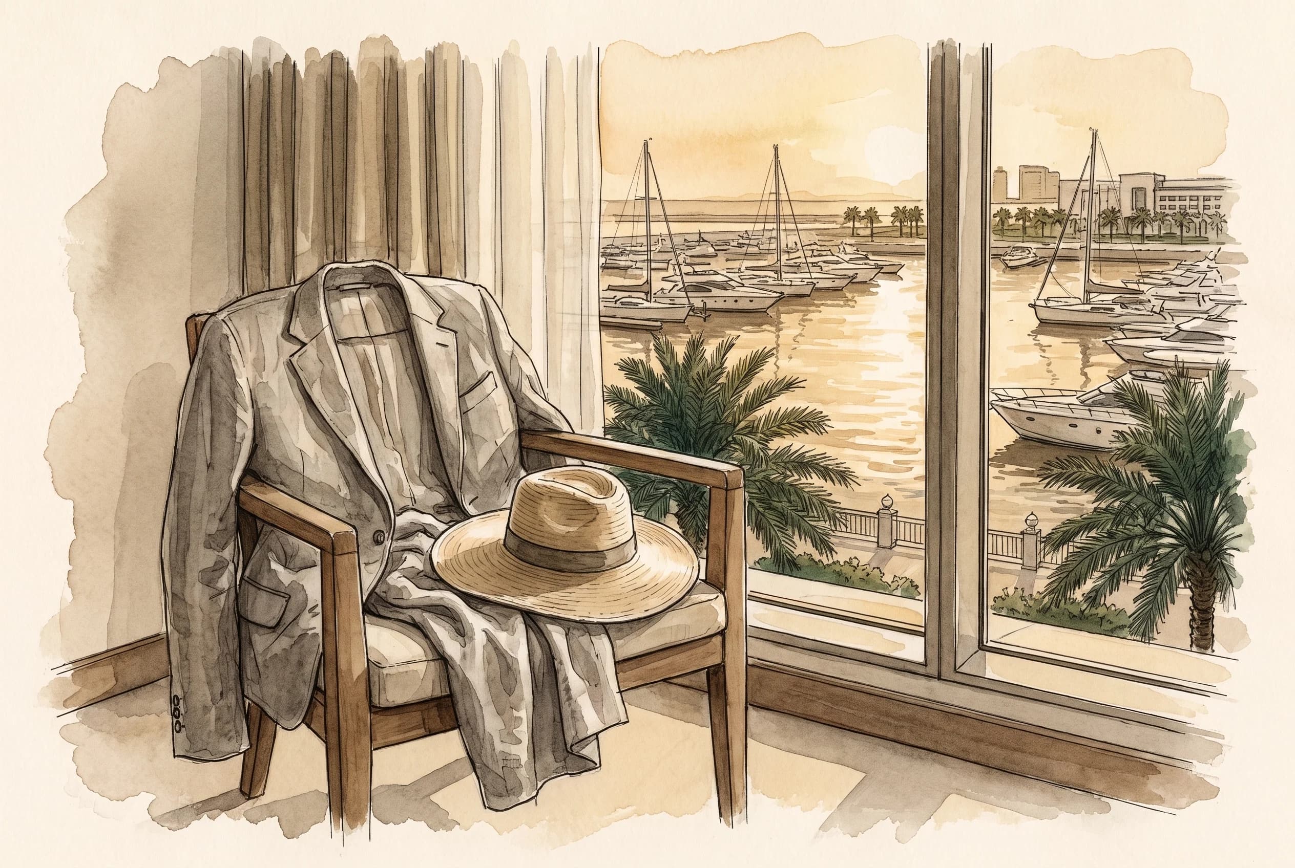 Watercolour sketch of a linen jacket and a hat on a chair in a hotel room, marina visible through the window at golden hour.