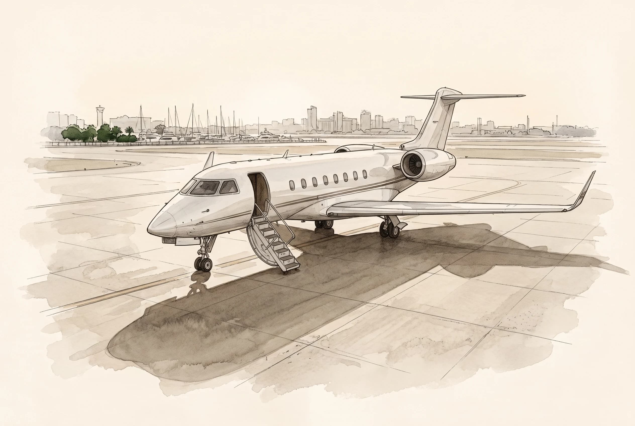 Watercolour sketch of a white unmarked private jet parked on a quiet airport apron at dawn, marina skyline in the distance.