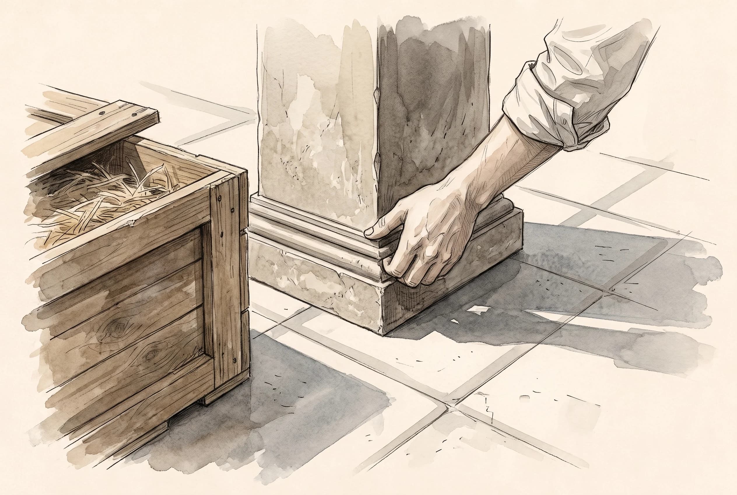 Watercolour sketch of a hand nudging a plinth beside an open packing crate in a convention hall.