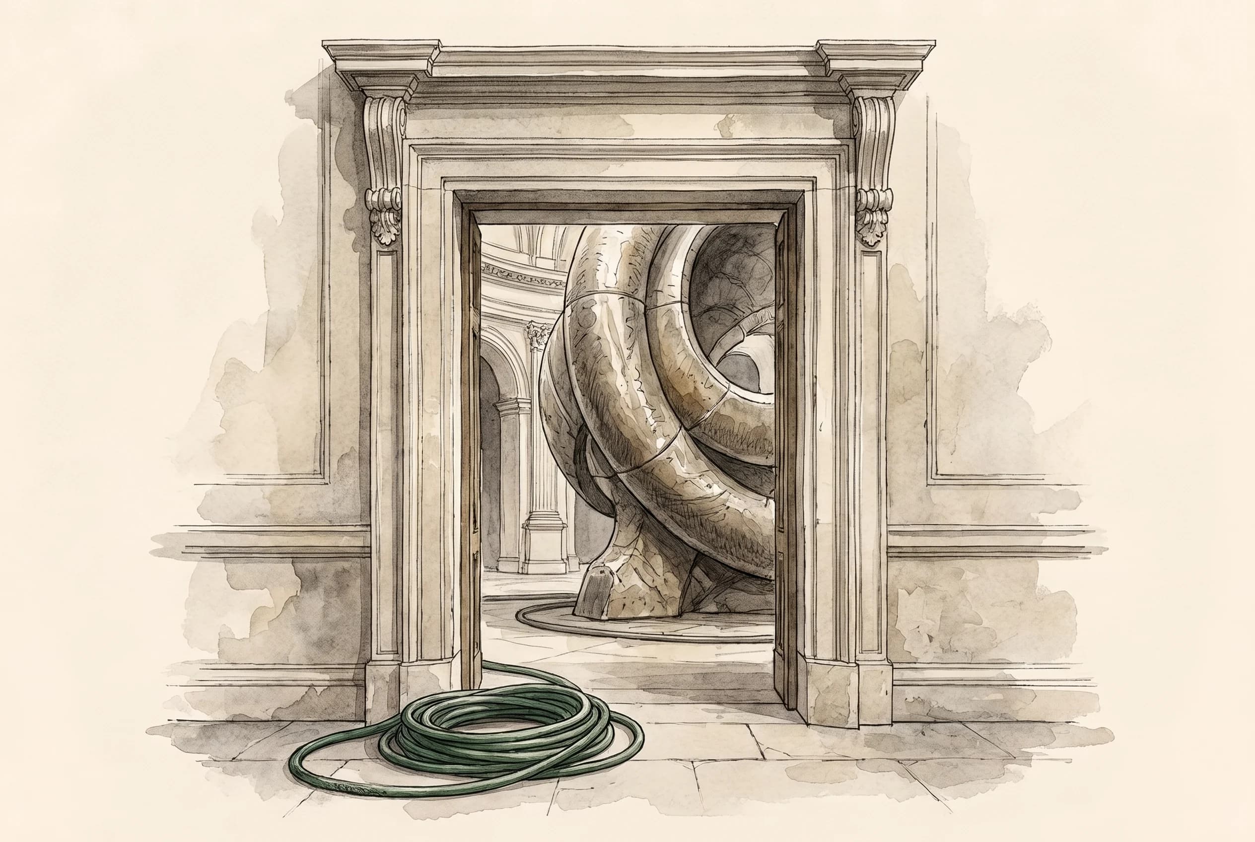 Watercolour sketch of a large sculptural installation seen through a doorway with a coiled cable nearby.