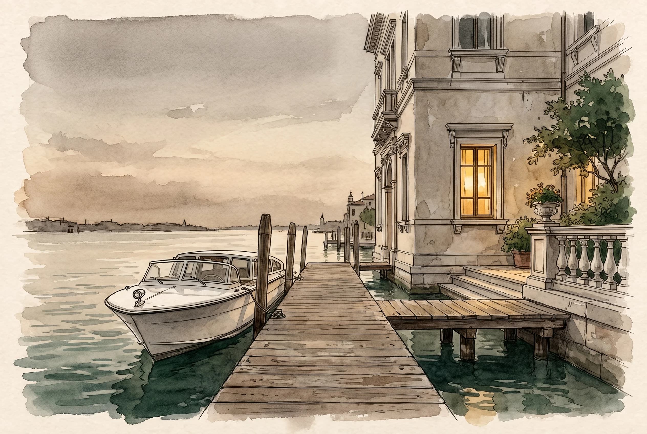 Watercolour sketch of a dock and moored launch beside a lit waterfront house at dusk.