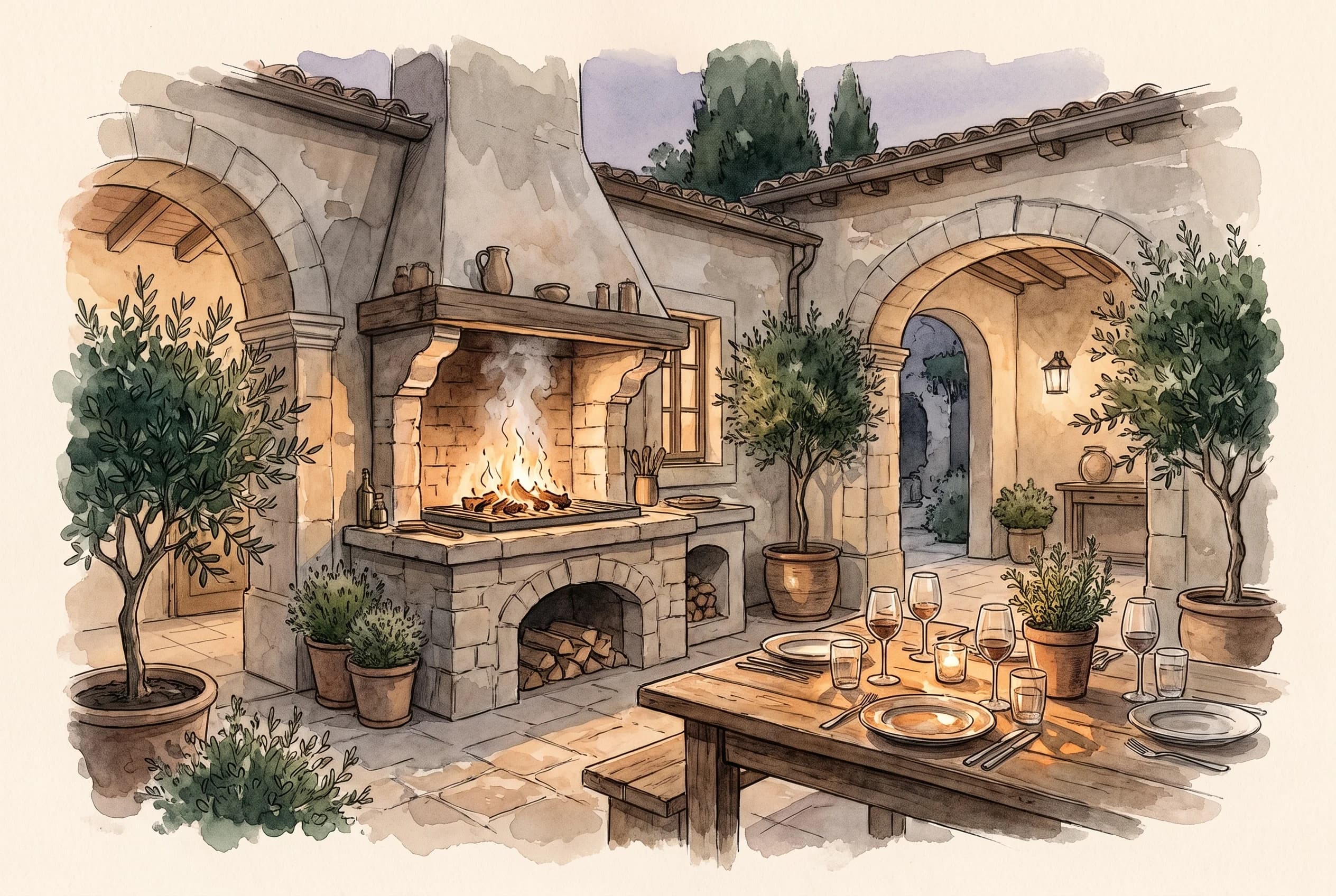 Watercolour sketch of an open fire courtyard kitchen beside a table being set for dinner.