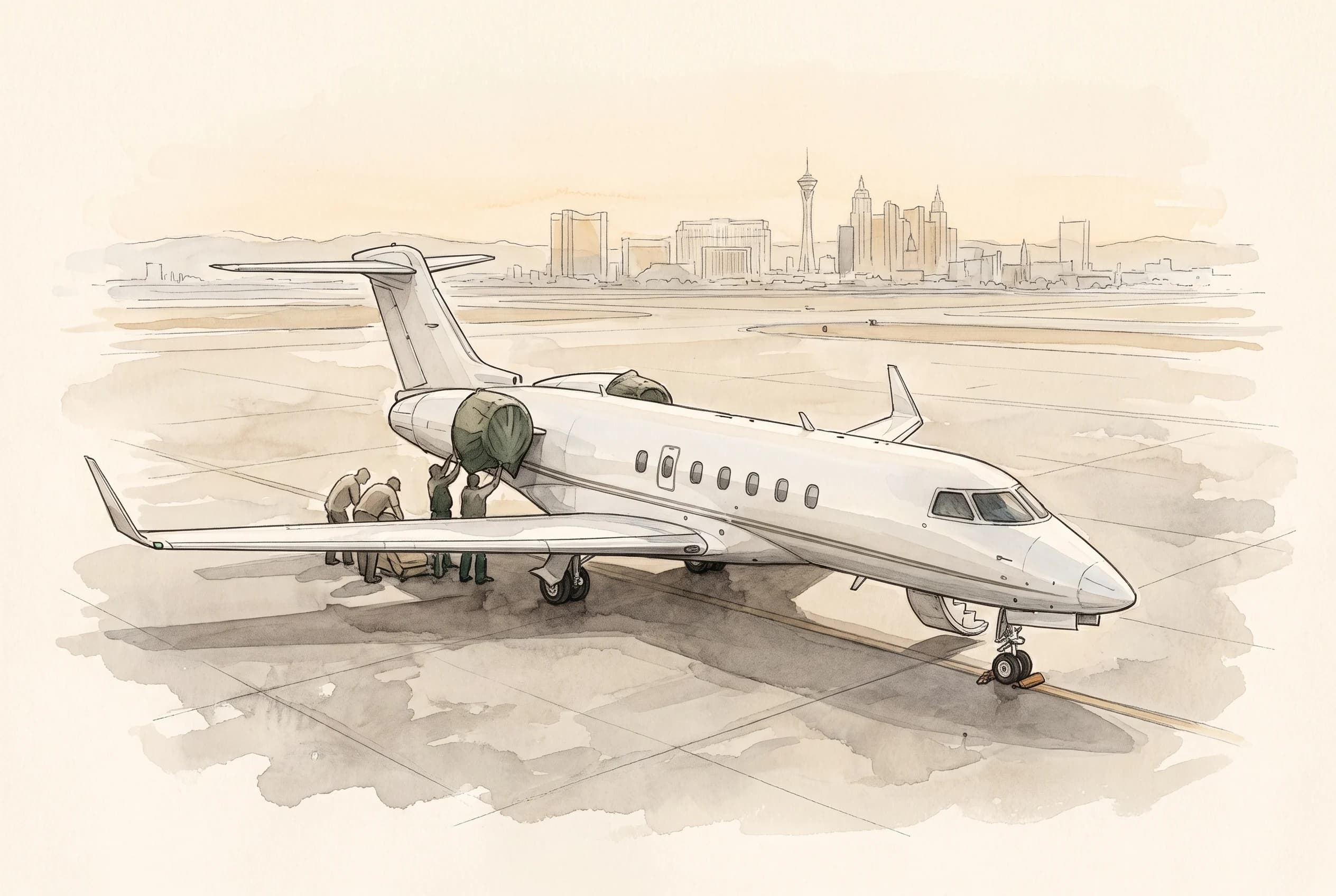 Watercolour sketch of a white private jet on an apron at dawn with a distant city skyline.