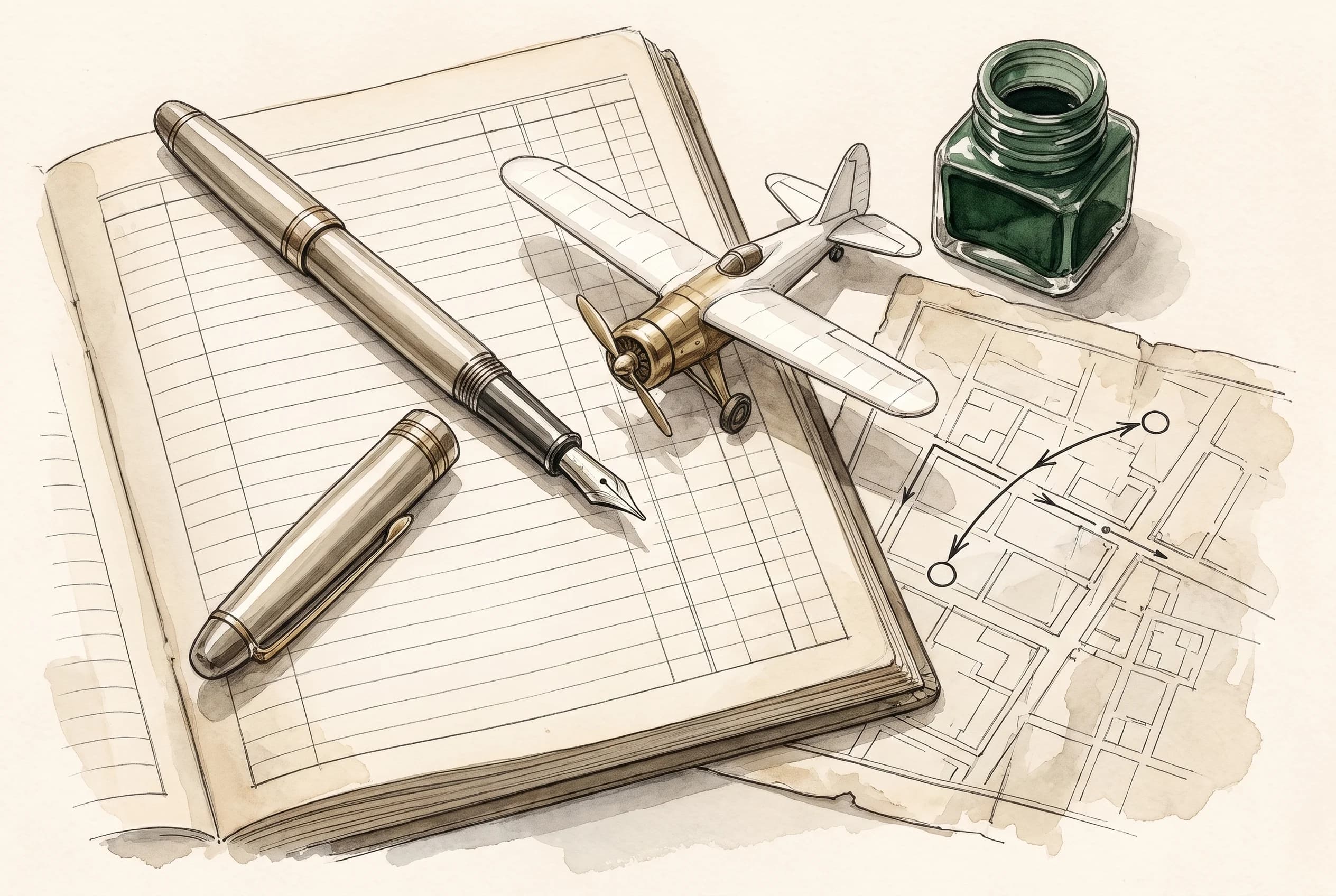Watercolour sketch of a fountain pen and a small brass aircraft model on a desk.