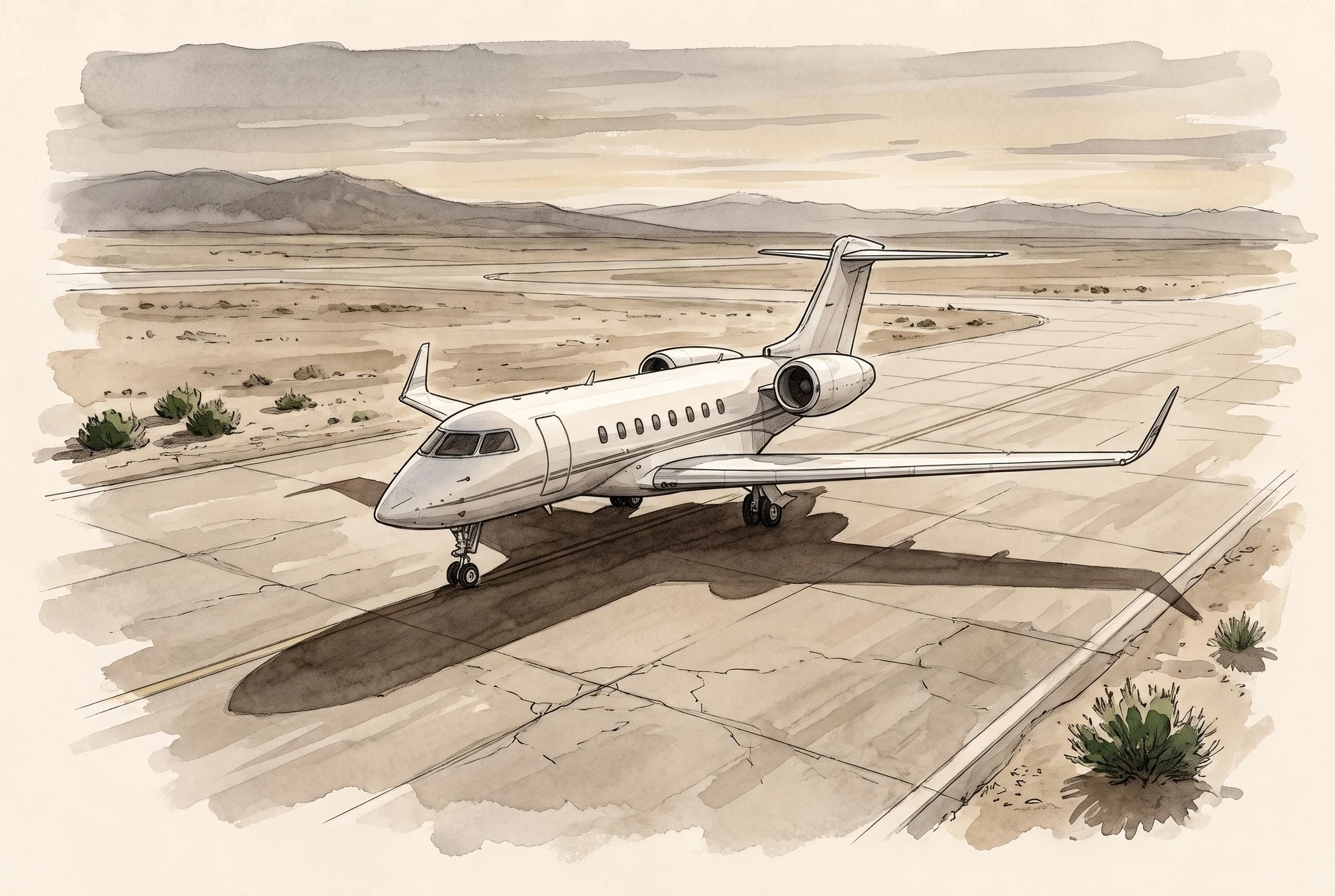 Watercolour sketch of a solitary white jet taxiing across a desert runway at dusk.