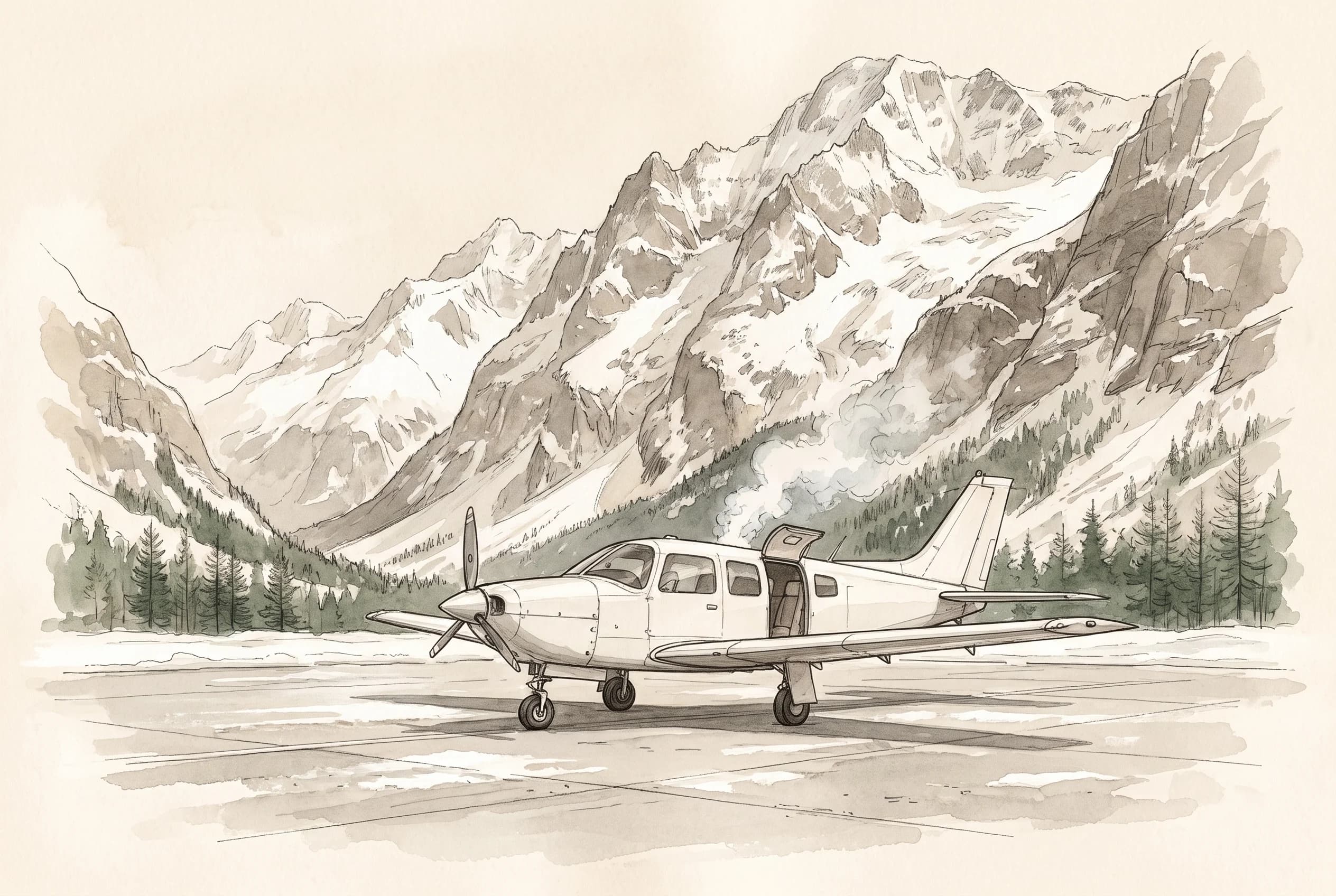 Watercolour sketch of a white private aircraft on a snowy mountain apron with its door open.