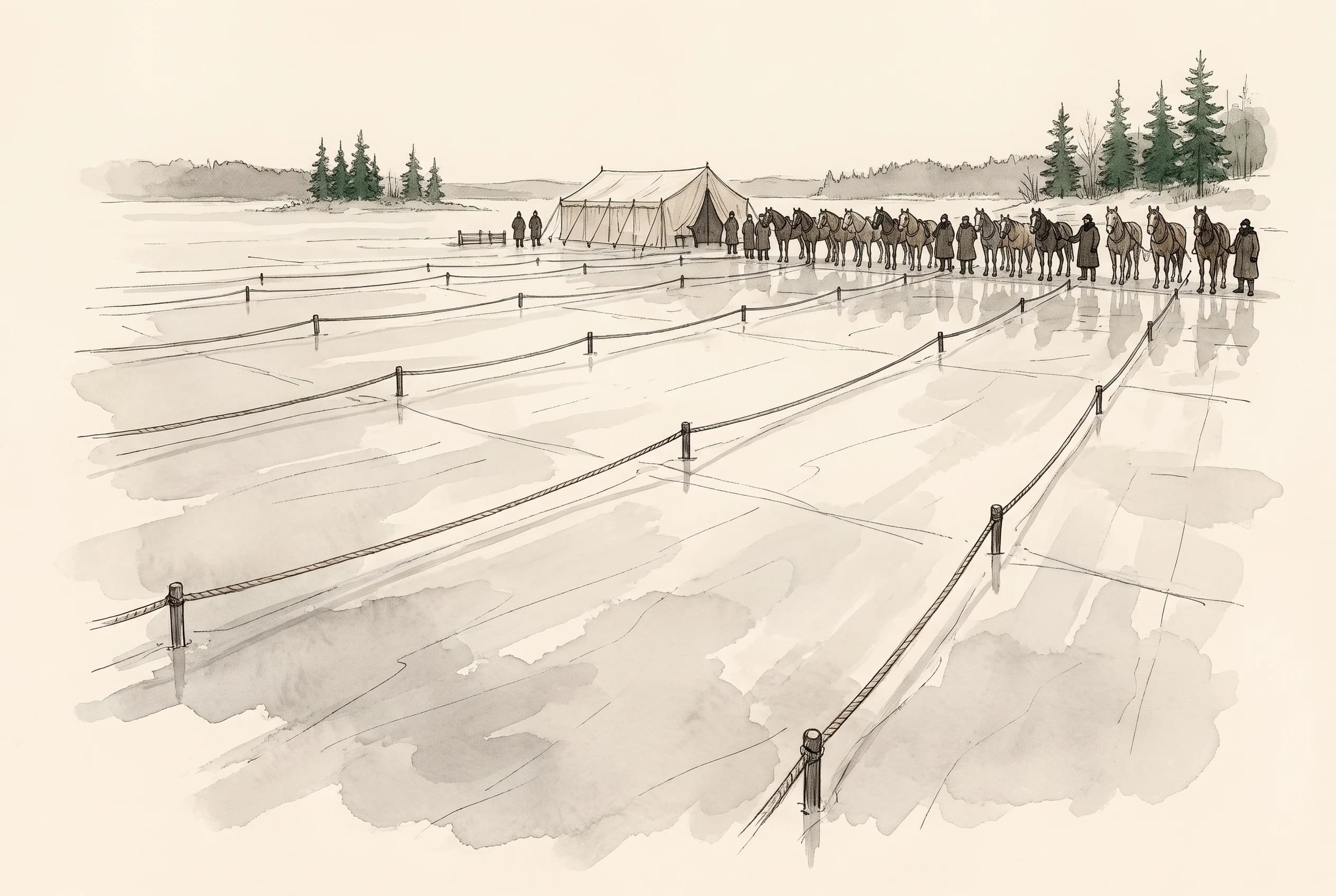Watercolour sketch of a frozen lake with roped lanes, a marquee and horses in the winter light.