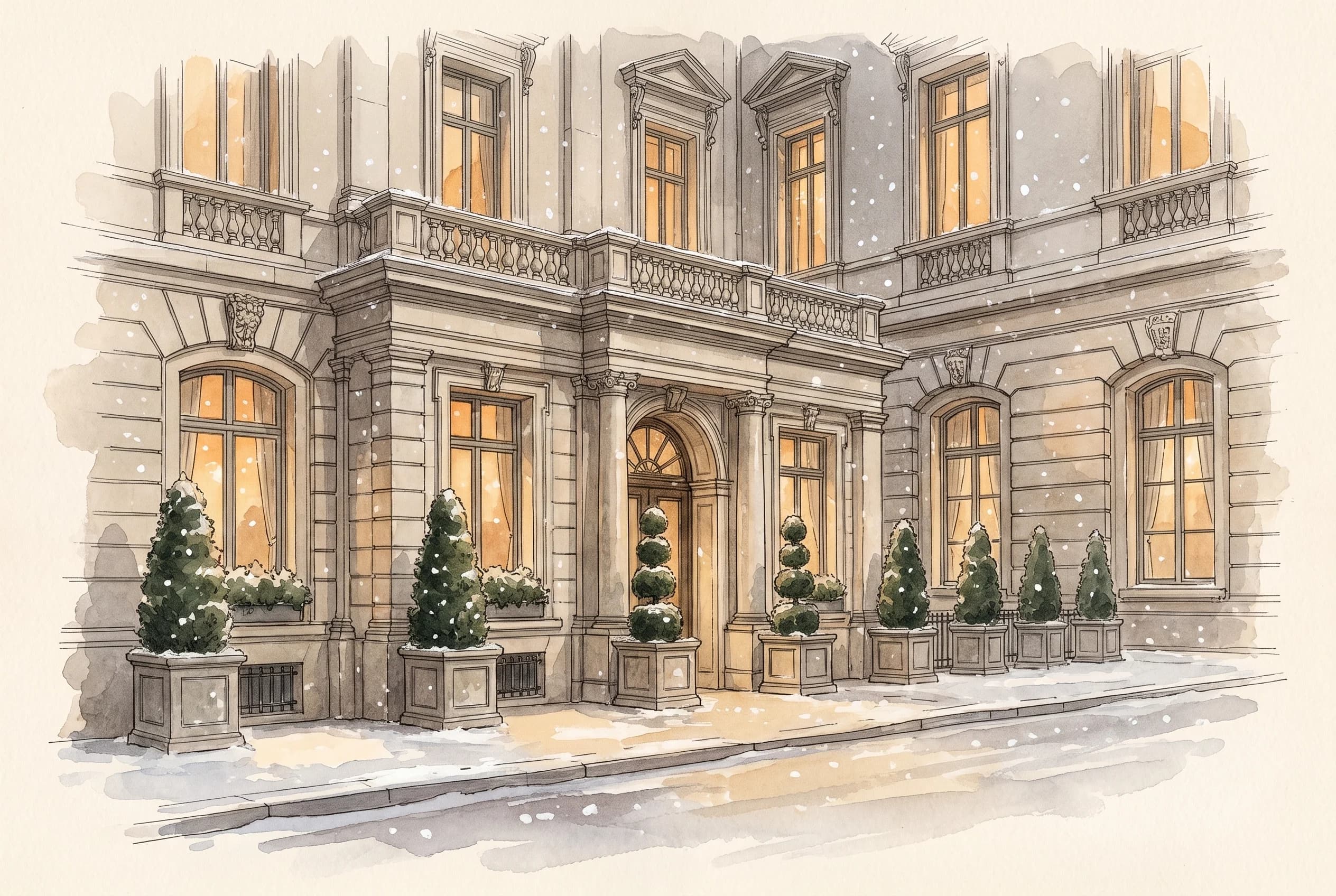 Watercolour sketch of a grand snow-dusted hotel facade at dusk with glowing windows.