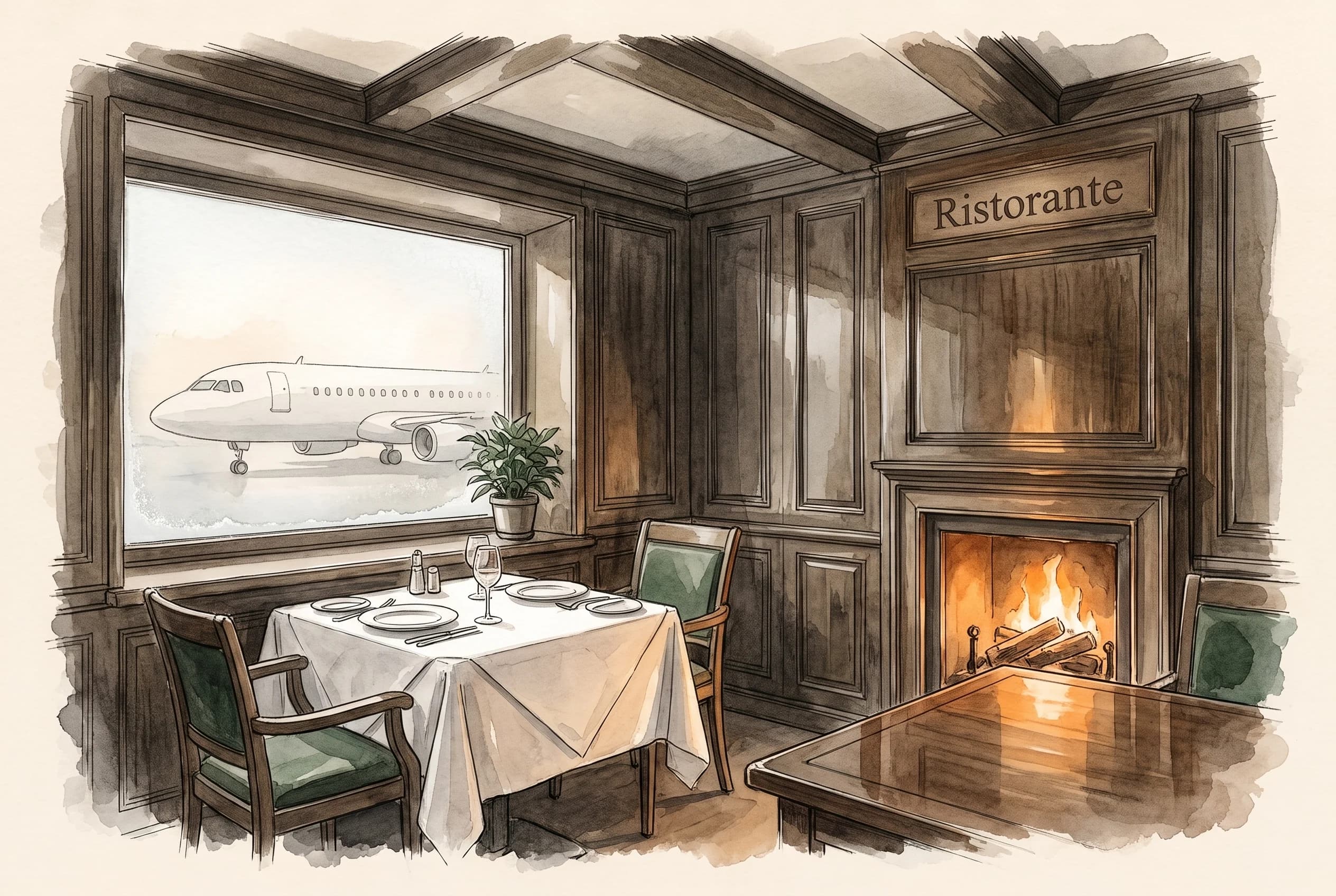 Watercolour sketch of an intimate panelled dining room with a set table and a word Ristorante painted near the entrance.