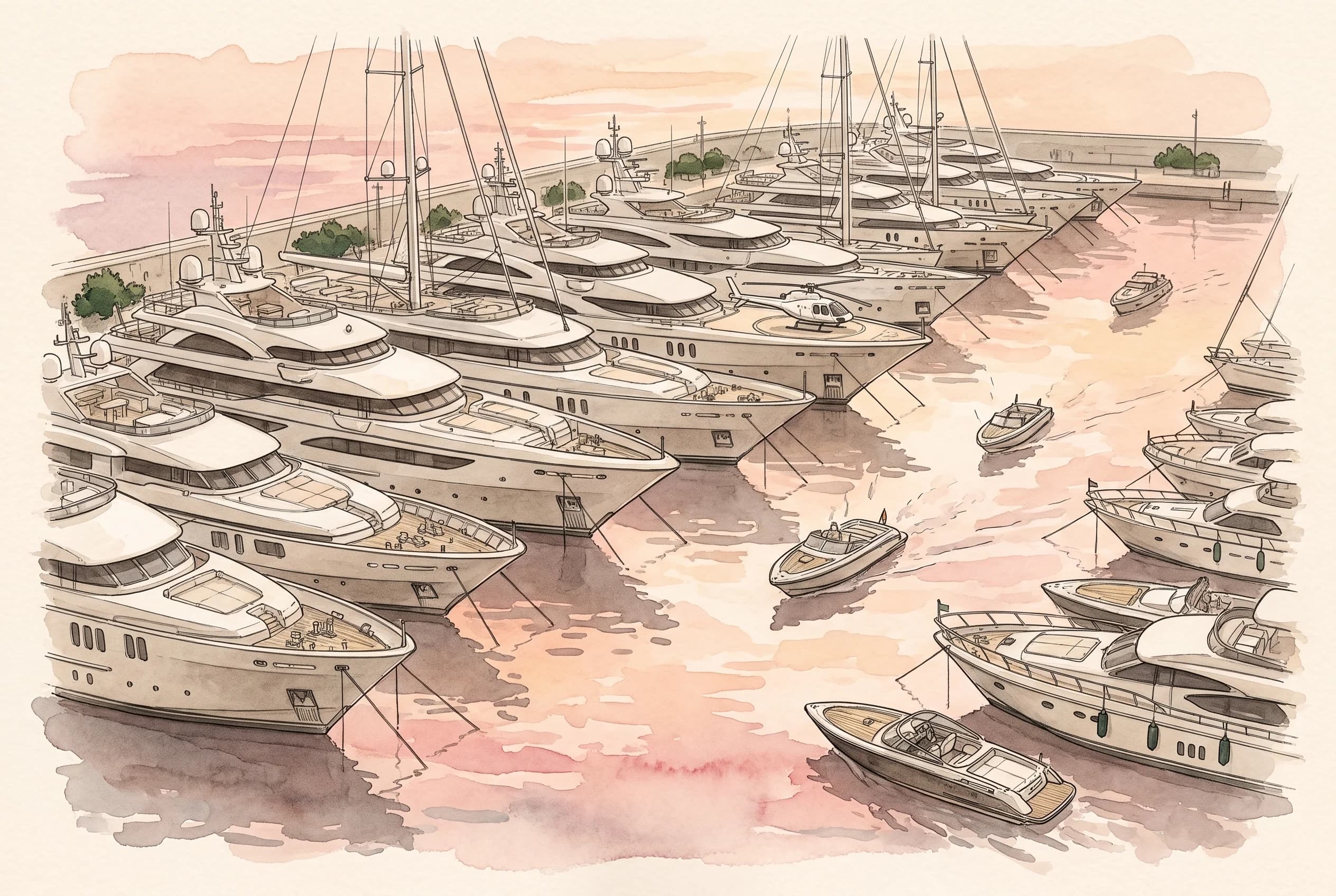 Watercolour sketch of yachts packed closely in a harbour at sunset with small boats moving between them.