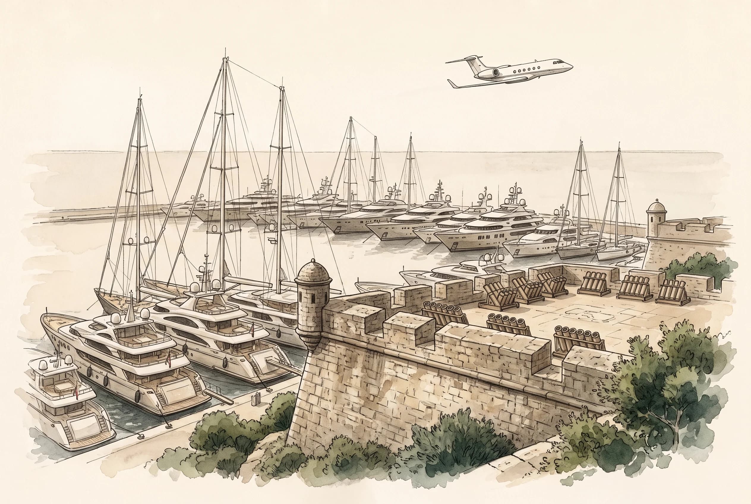 Ink and watercolour sketch of a hilltop fort overlooking a harbour full of anchored yachts at dusk.