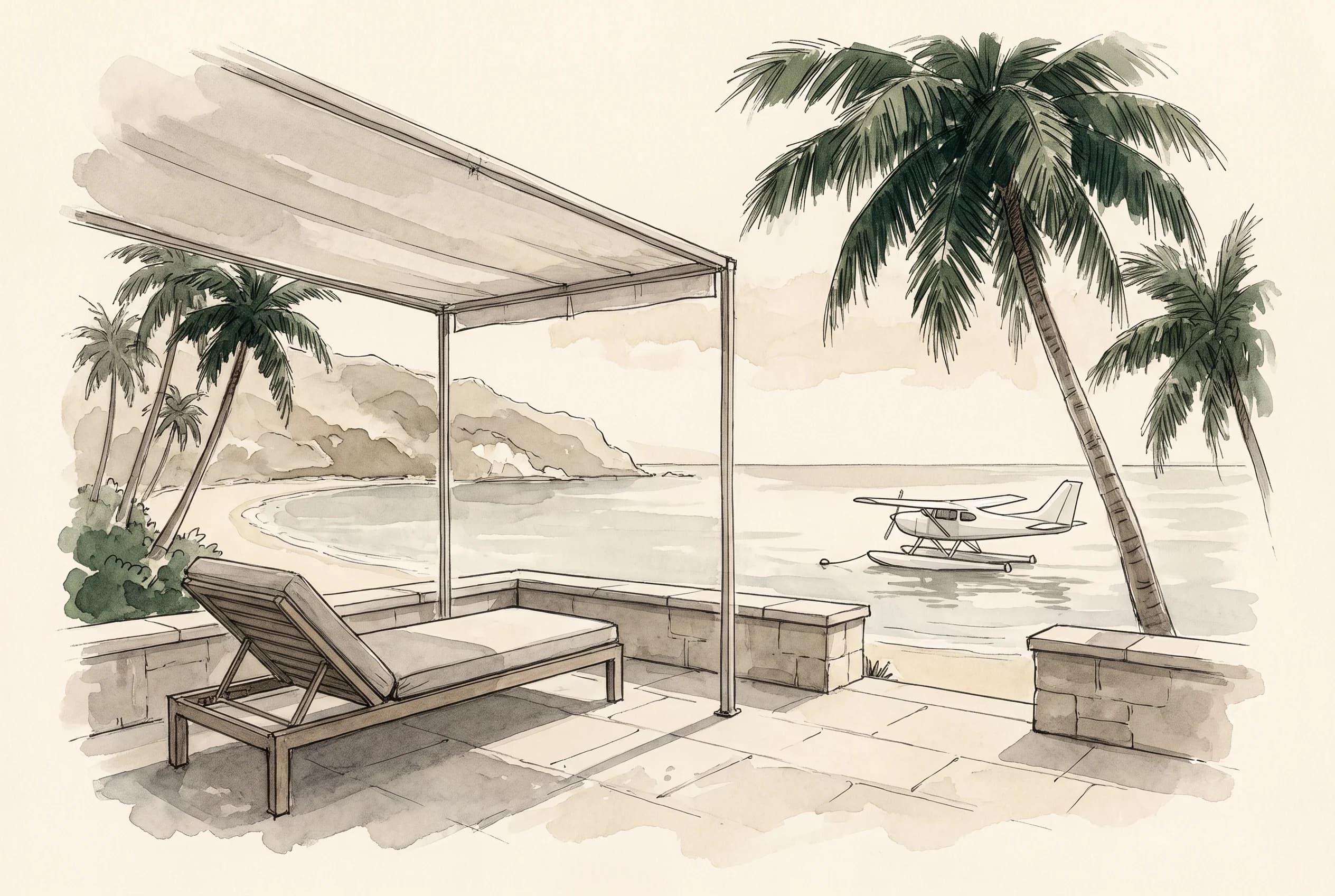 Watercolour sketch of an empty terrace chaise on a secluded beach with a headland in the distance.