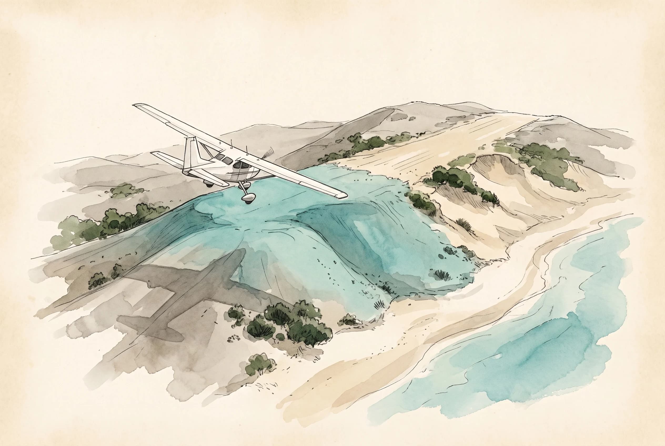 Watercolour sketch of a white aircraft descending over a hill toward a short runway ending at a beach.