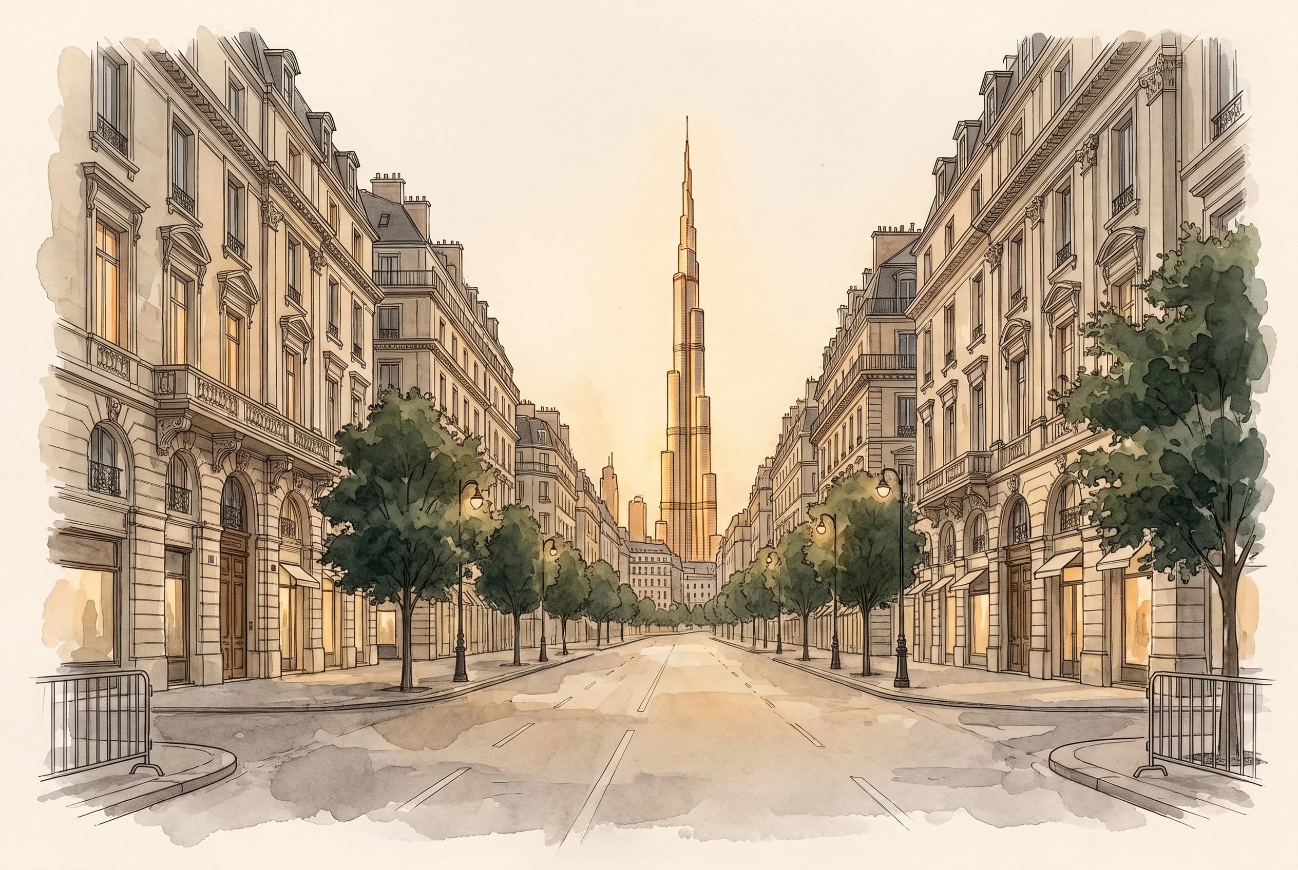 Watercolour sketch of a tall tower at dusk above an empty boulevard with faint barriers.