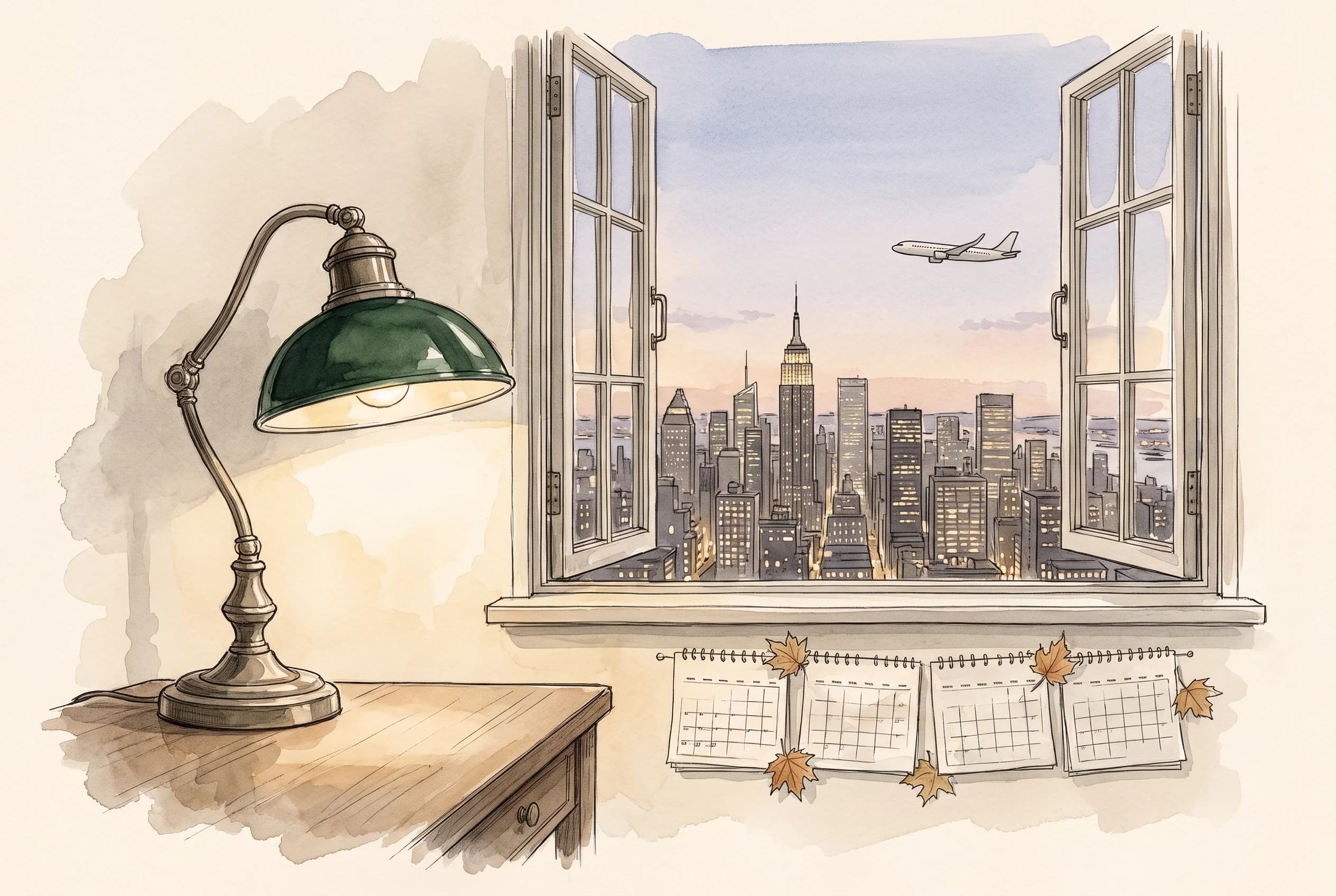 Watercolour sketch of a desk lamp by a window overlooking a night skyline, with a loose calendar sketch in the margin.