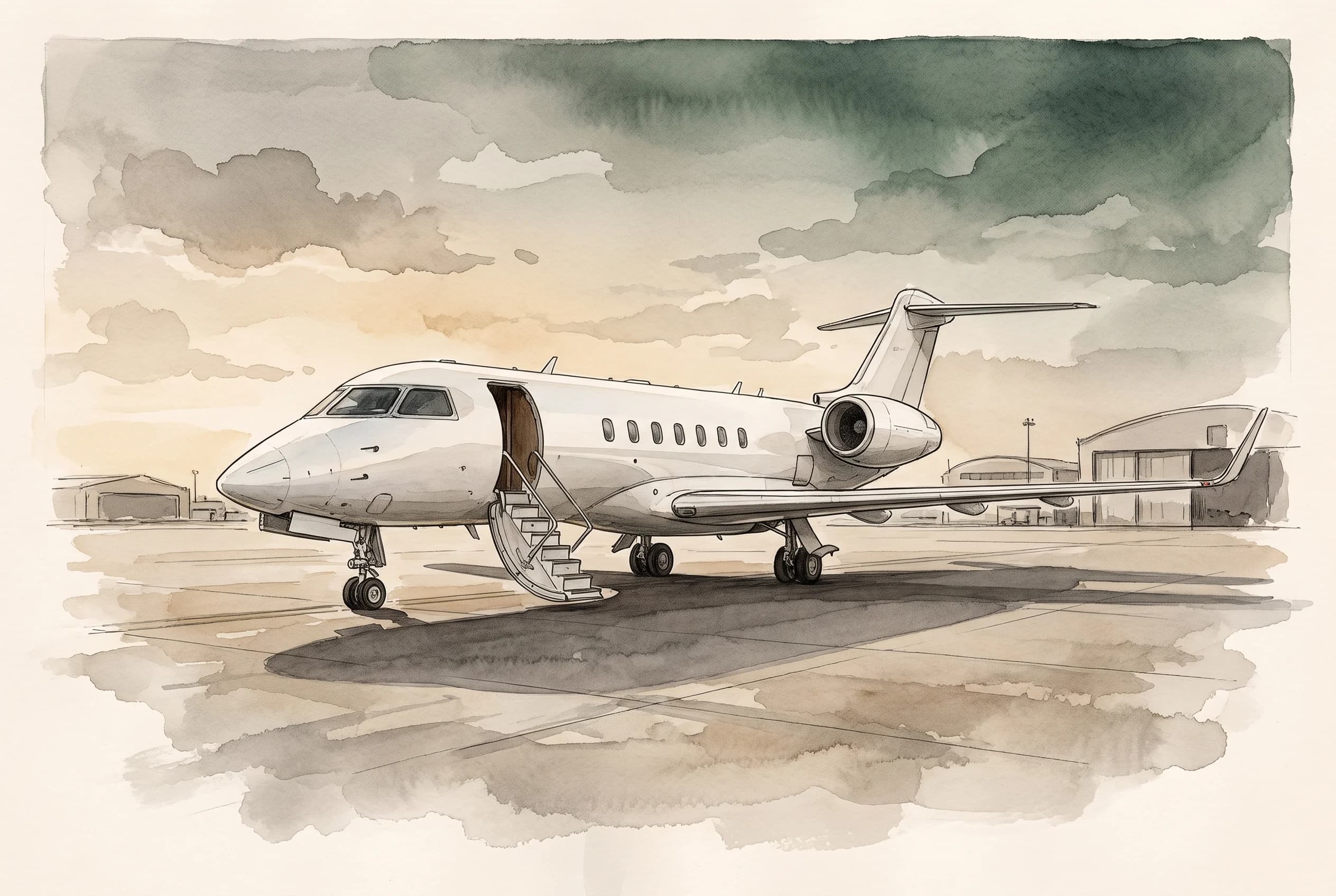 Watercolour sketch of a white unmarked jet parked on an apron at dusk with airstairs lowered.