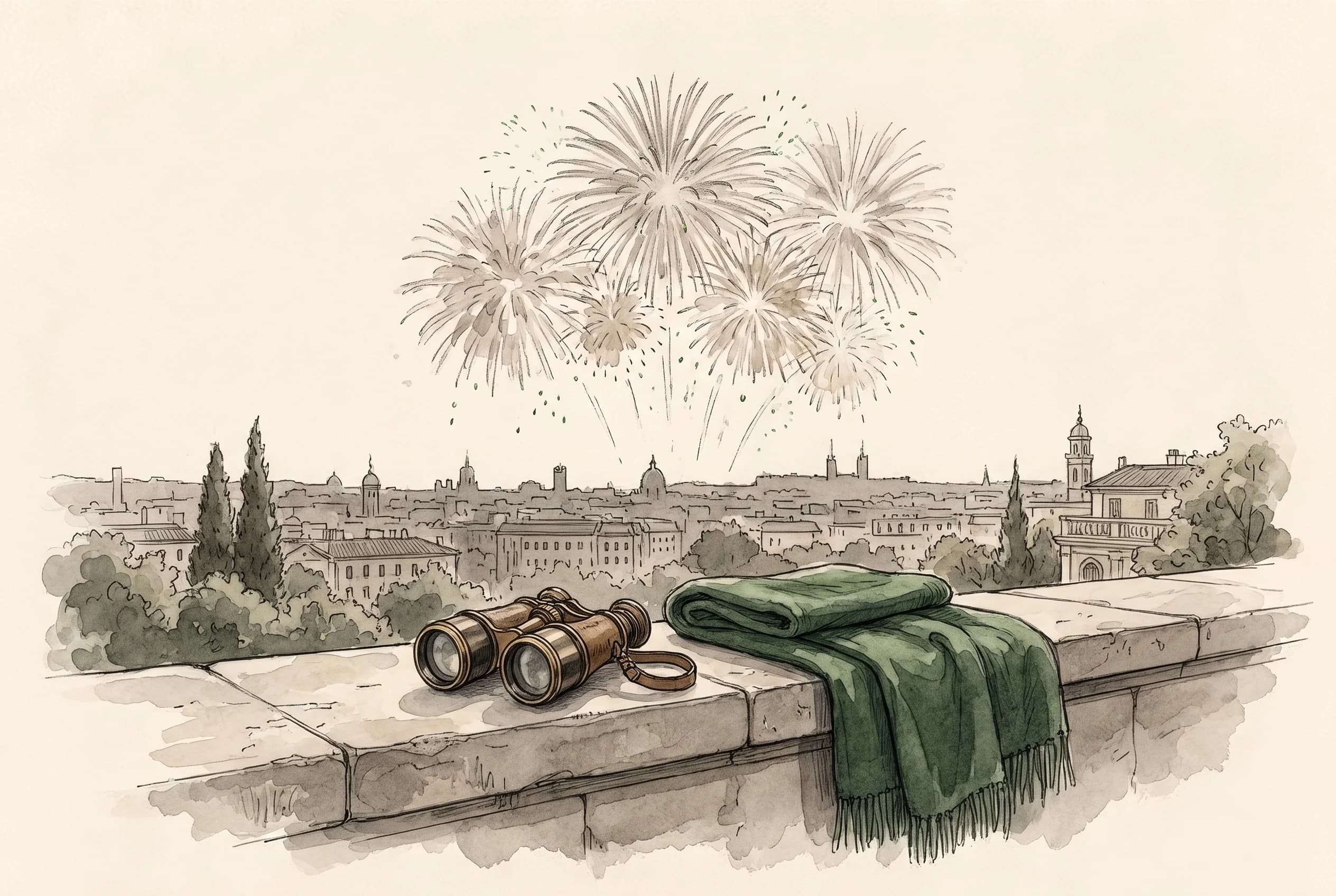 Watercolour sketch of binoculars and a shawl on a terrace wall overlooking distant fireworks over a city skyline.